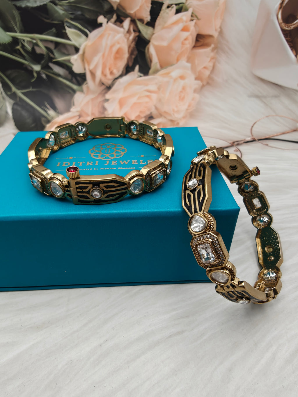 Sargam Enamel and Moissanite Openable Bangles- White Black