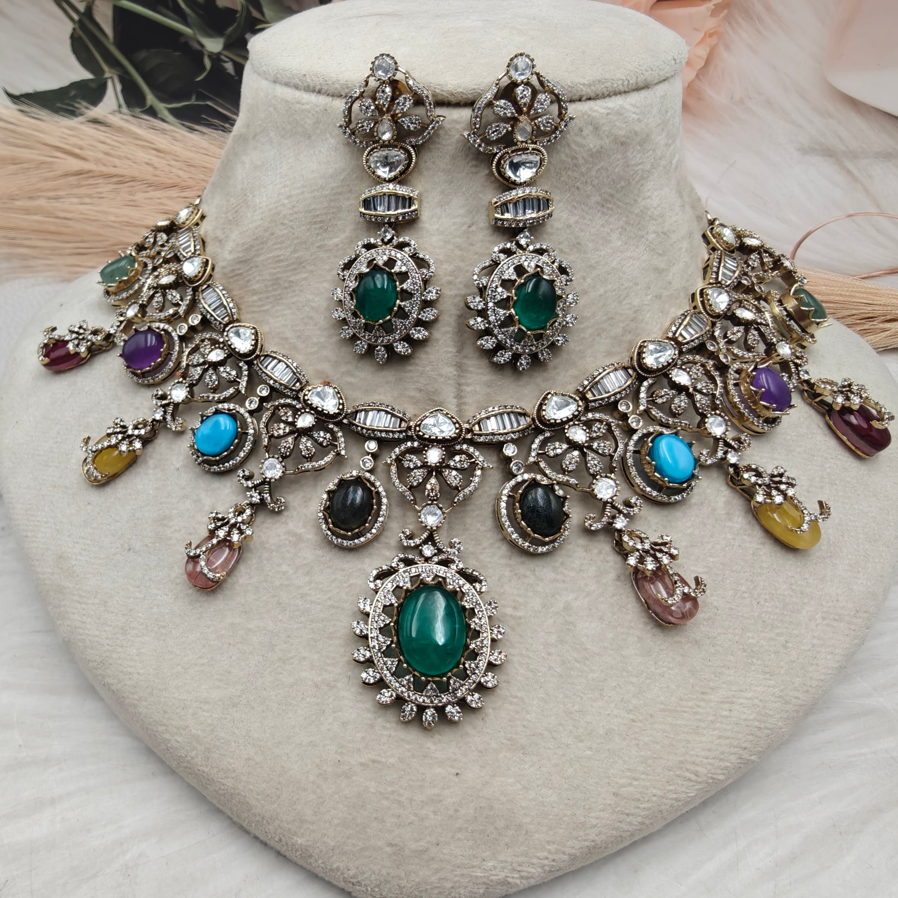 Aranya Sabya Inspired Quartz Necklace Set- Green Multi