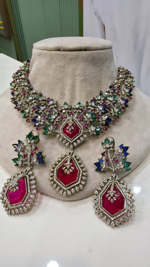 Abhilasha Designer Statement Doublet and AD Necklace Set- Red Multi
