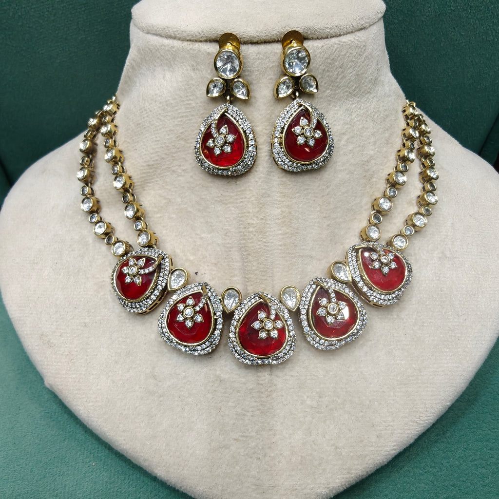 Dharti Doublet and Uncut Polki Necklace Set- Red