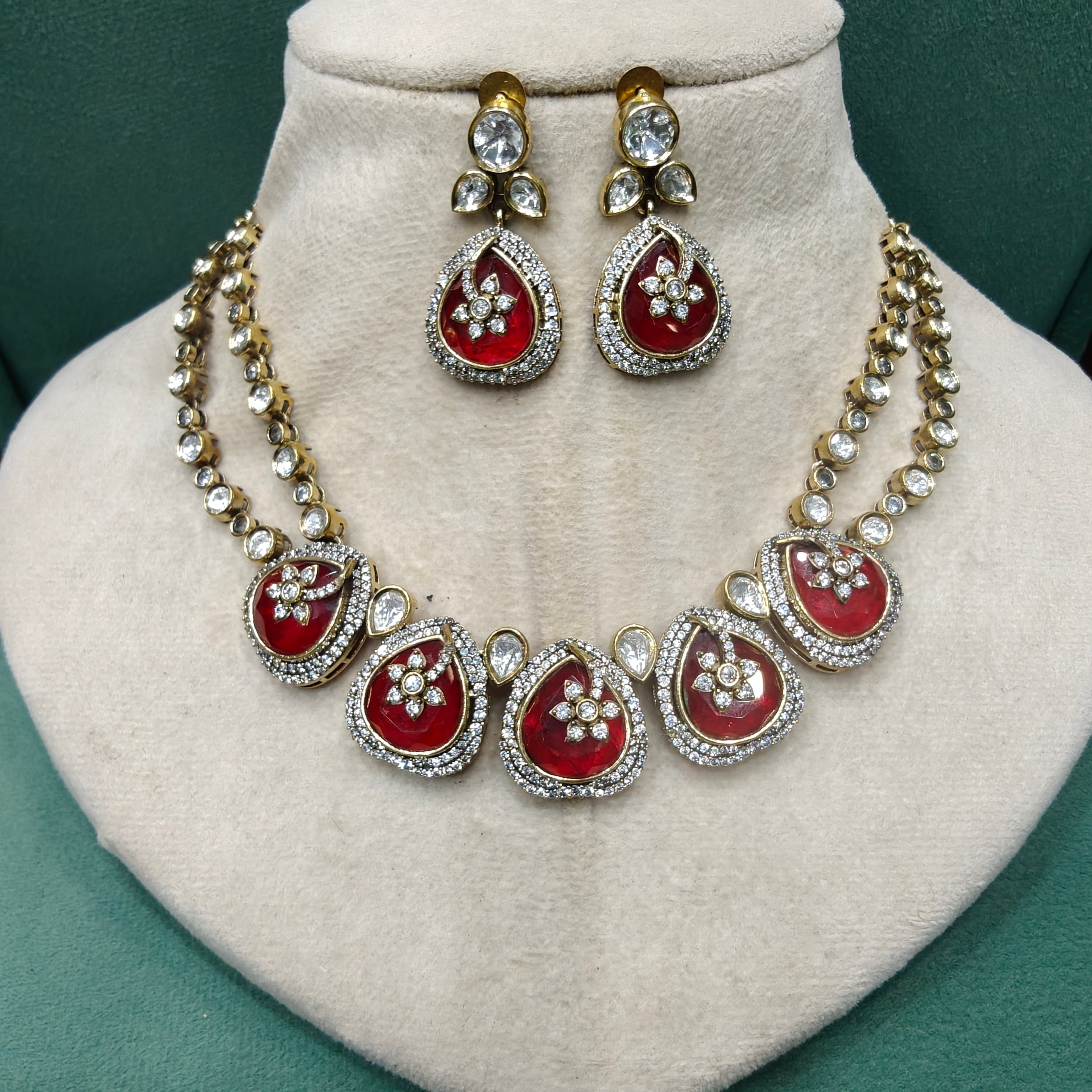 Dharti Doublet and Uncut Polki Necklace Set- Red