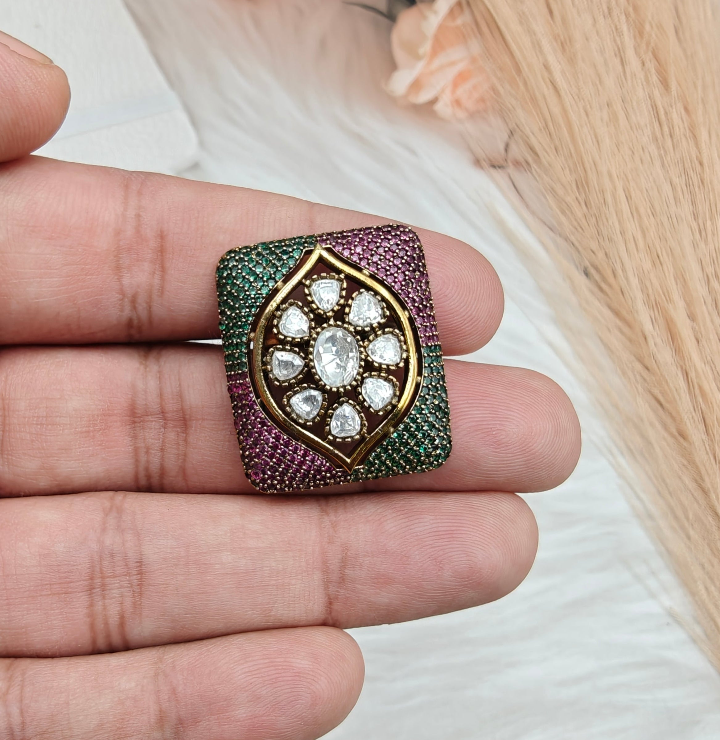 Nano Setting AD Moissanite Ring- Ruby n Green