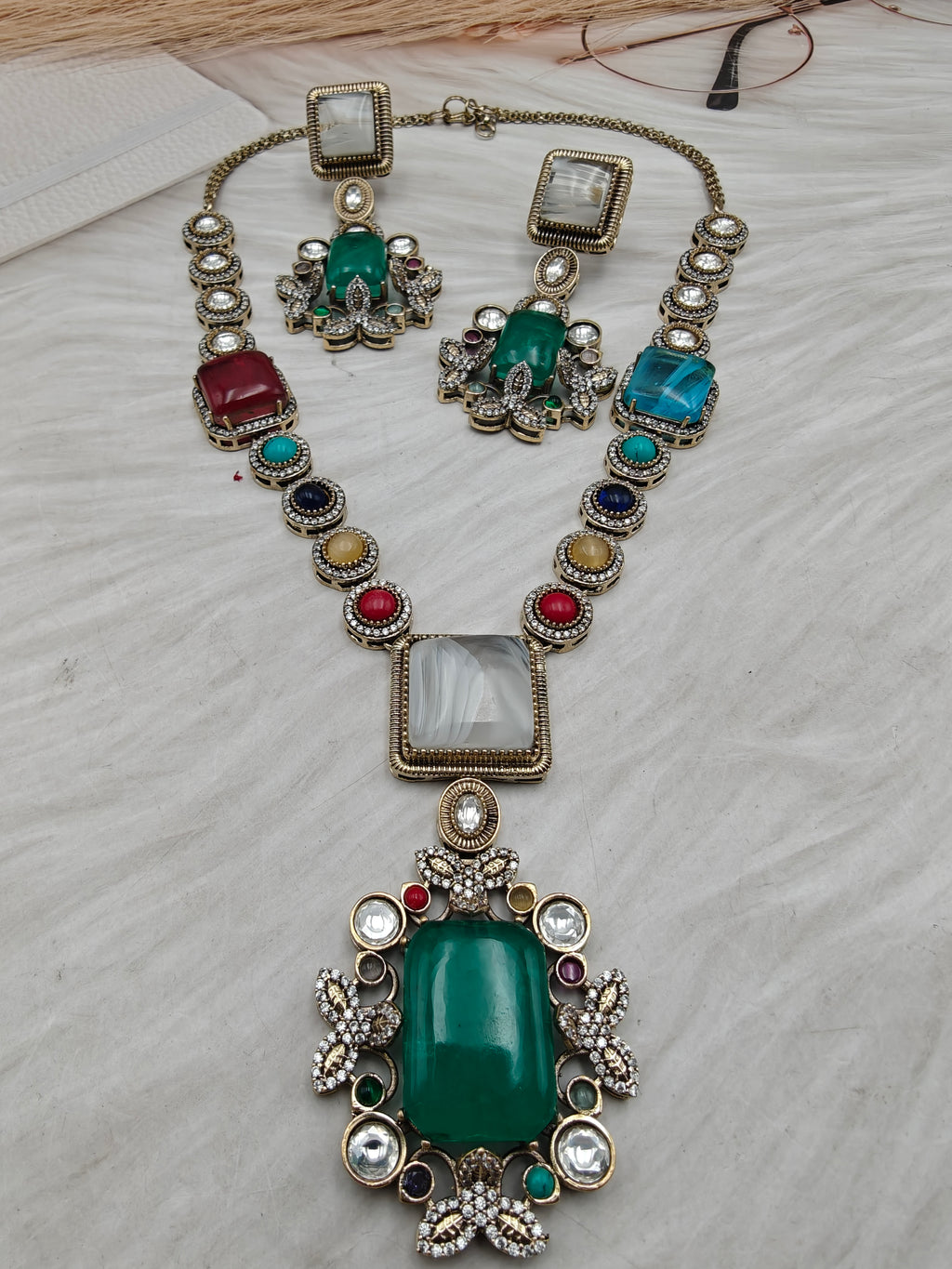 Mitali Sabya Inspired Gemstones Statement Necklace Set -Green Multi