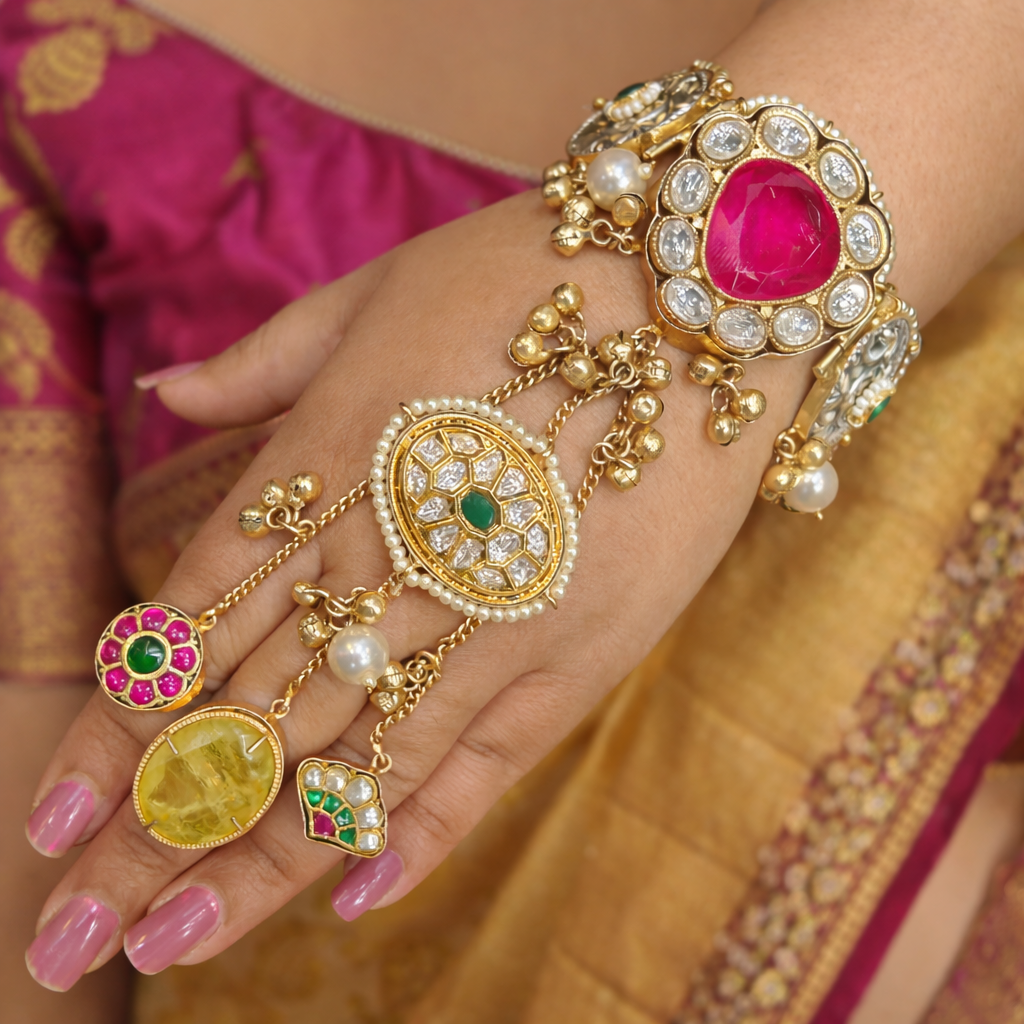 Shaheen Handcrafted Brass Fusion Hathphool- Hot Pink and Yellow