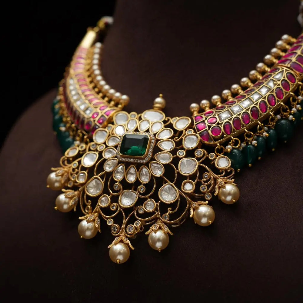 Saheli Mughal Heritage Inspired Jadau Kundan Gold Plated Hasli Set- Ruby Green