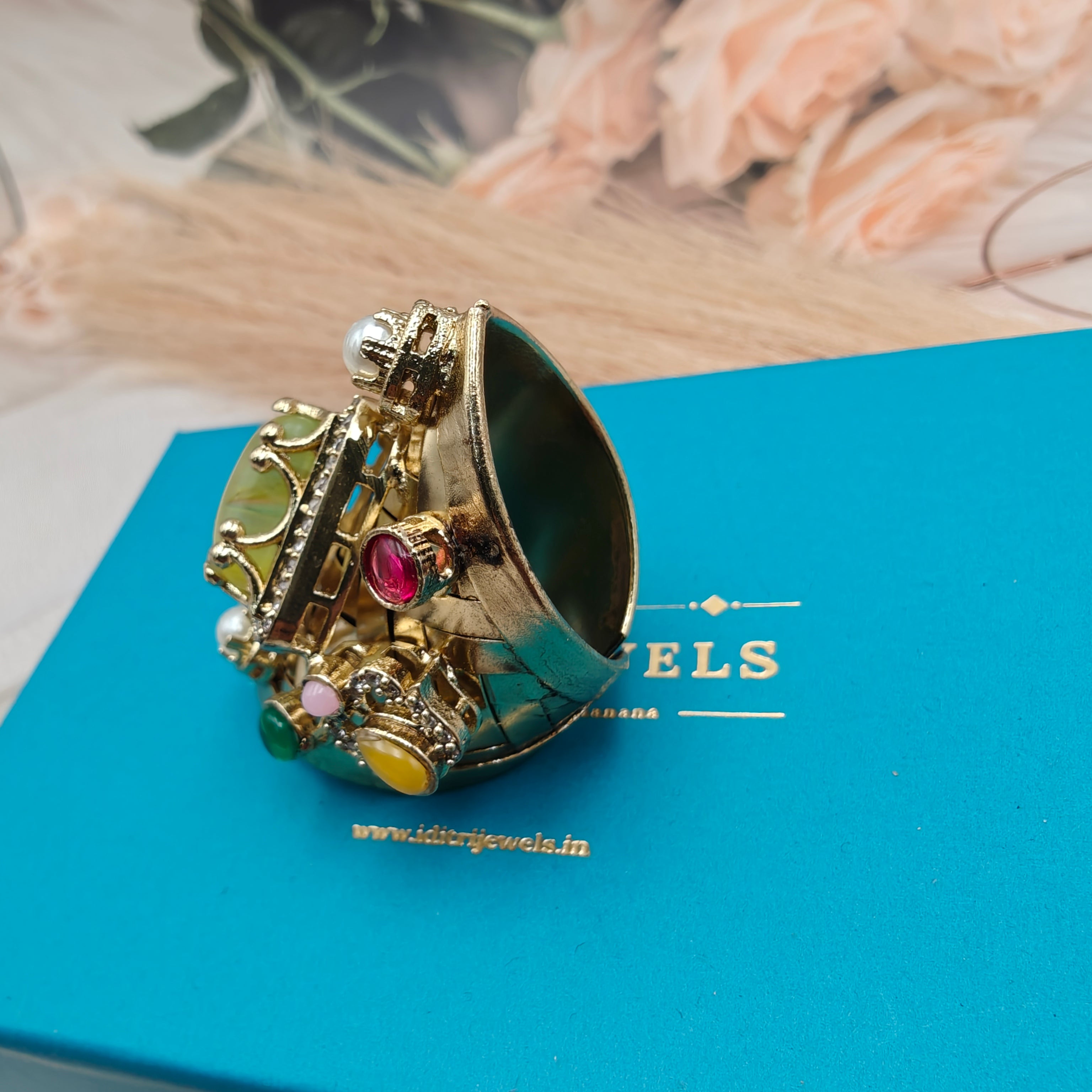 Anshika Brass Fusion Handcrafted Gemstone Sabya Inspired Statement Ring- Yellow