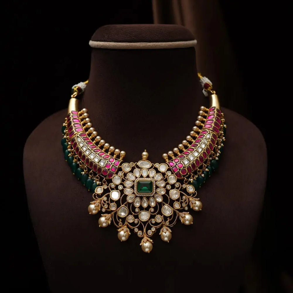 Saheli Mughal Heritage Inspired Jadau Kundan Gold Plated Hasli Set- Ruby Green
