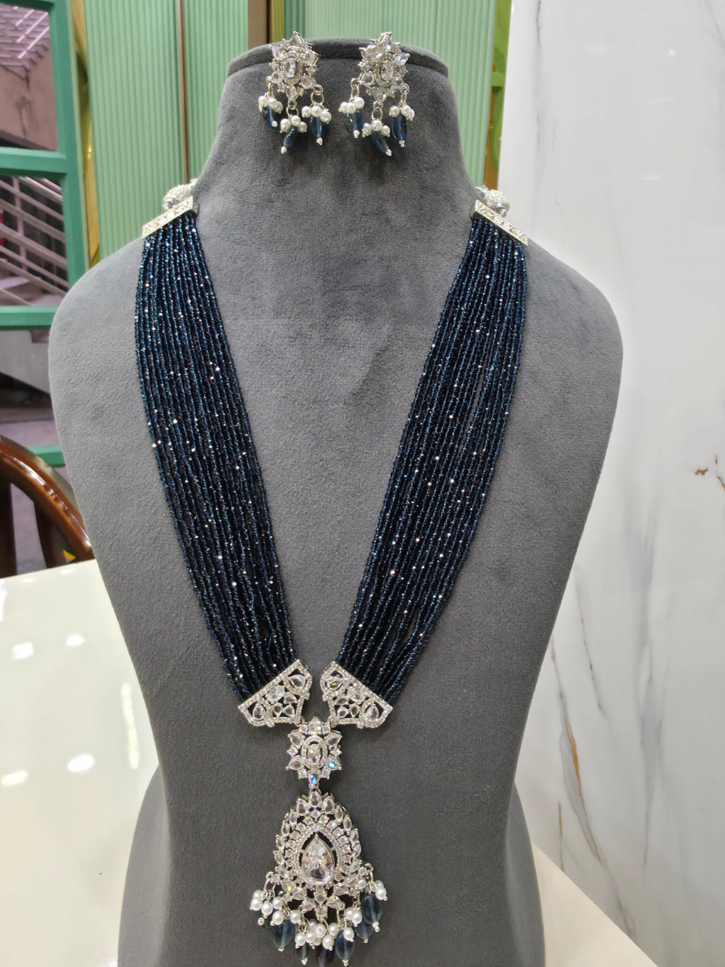 Sonika Hydro Silver Finish long Necklace - Royal Blue