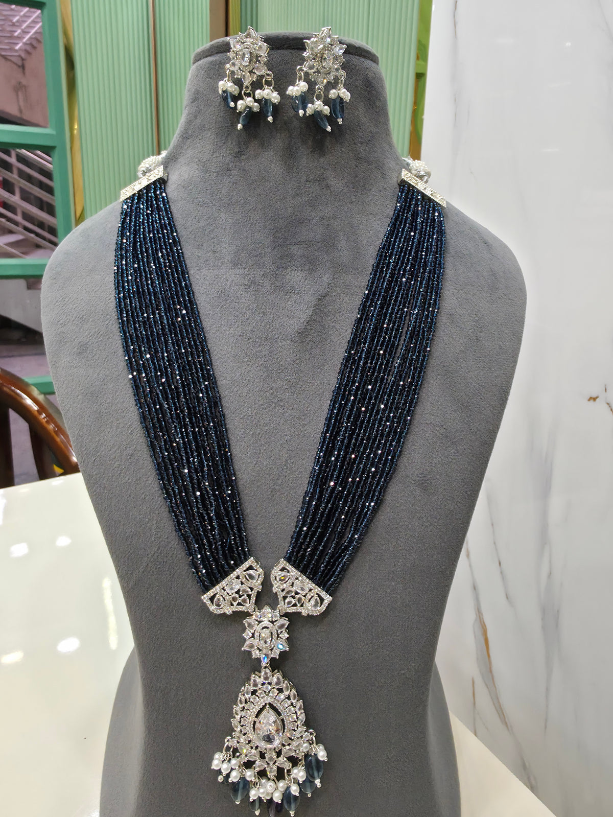 Sonika Hydro Silver Finish long Necklace - Royal Blue