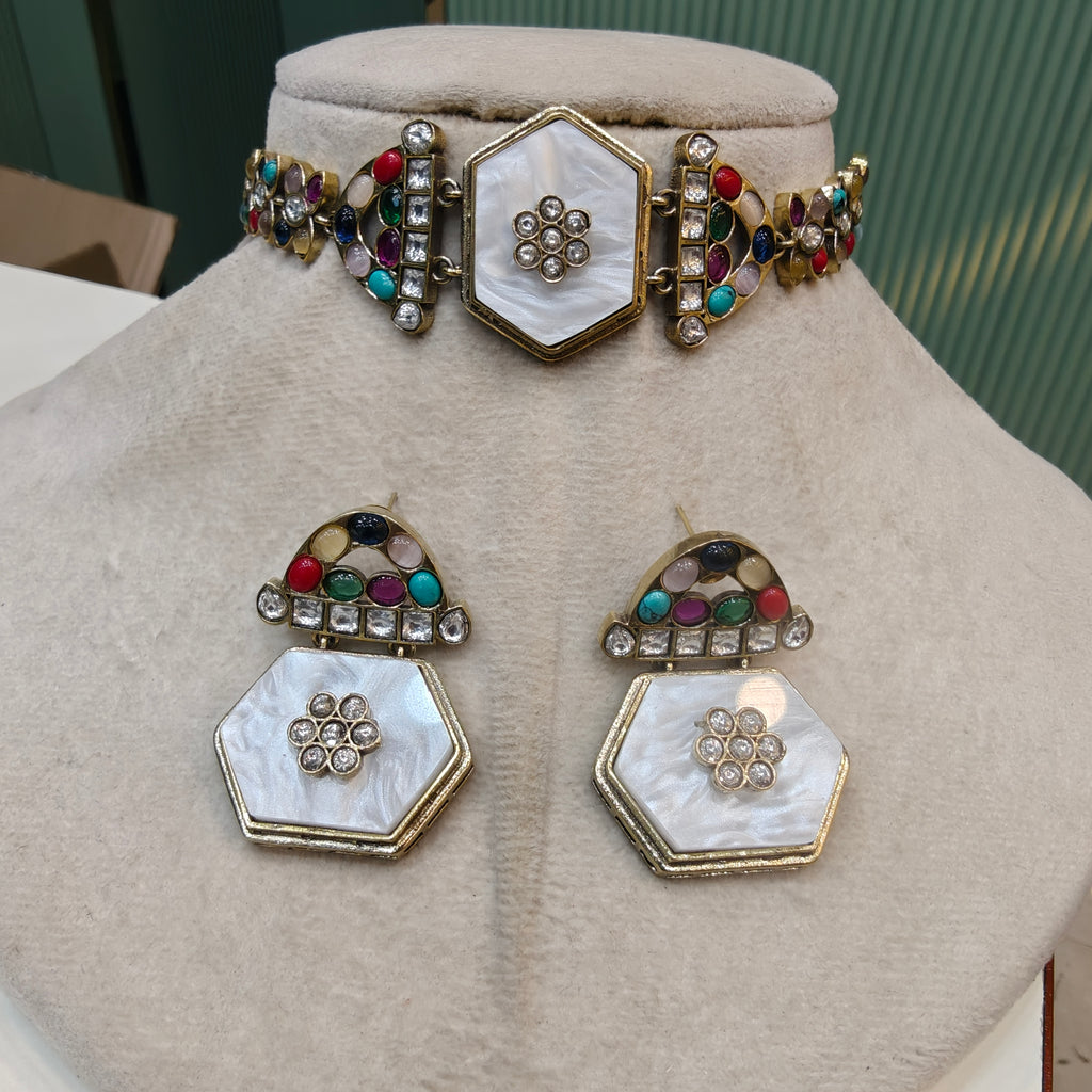 Ozel Navratan Sleek Choker Set- White Multi