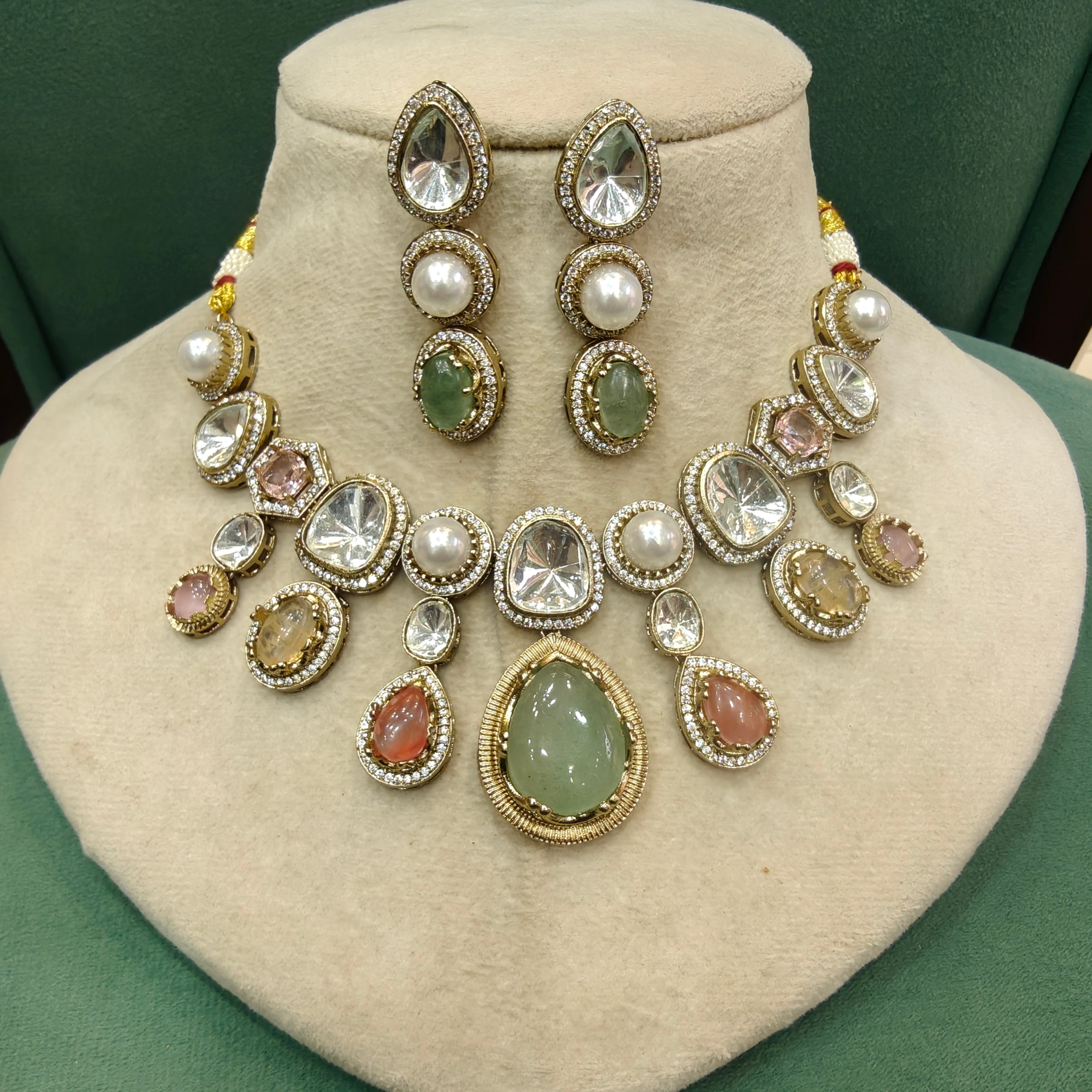 Priya Sabya Inspired Polki Fusion Necklace Set- Mint Multi