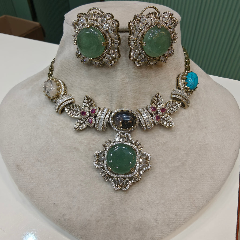 Noorvani Gemstone Sabya inspired Choker Necklace Set- Green Multi