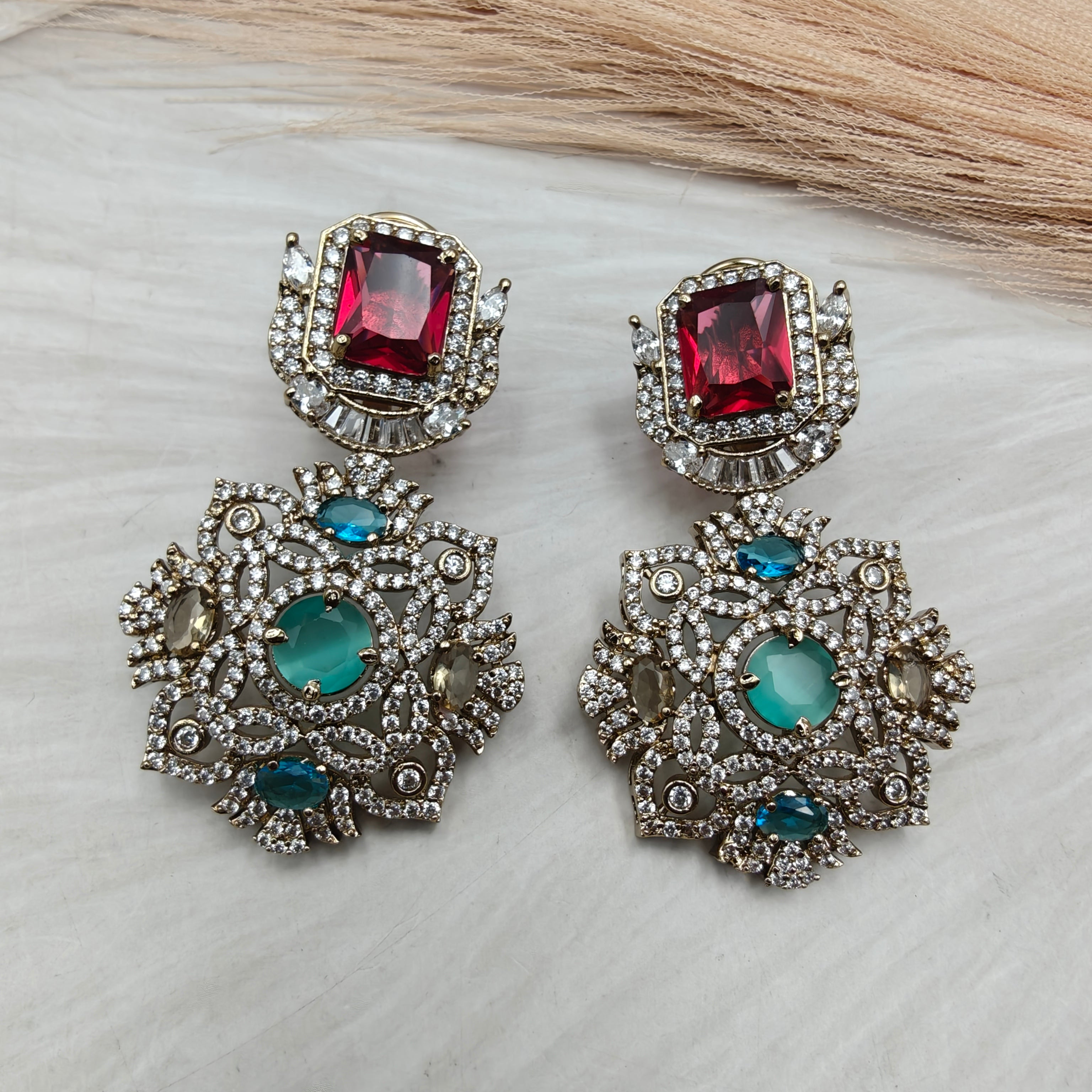 Virgya Sabyasachi Inspired Quartz Statement Earrings- Red Multi