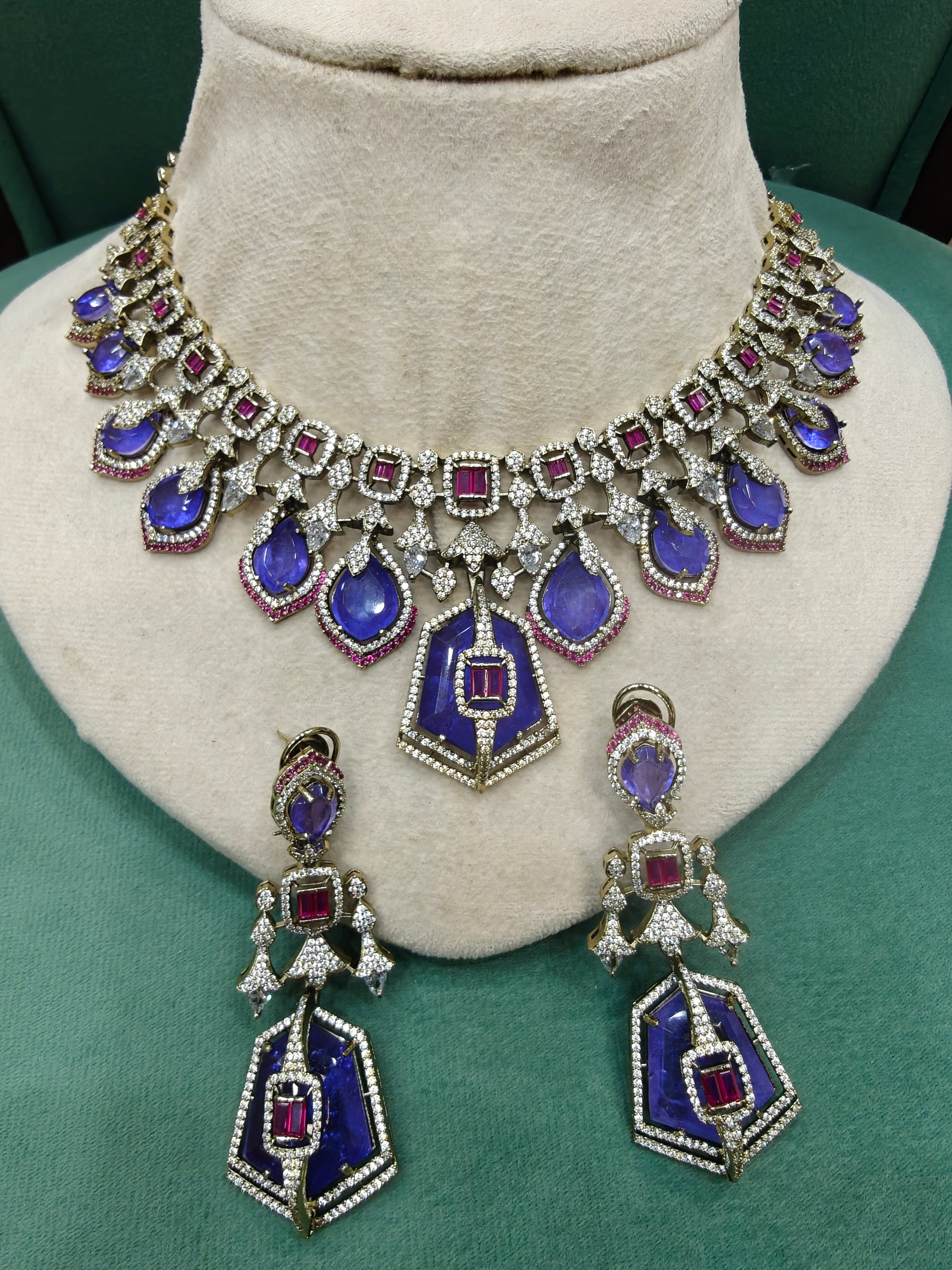 Tirthi Doublet and CZ Statement Necklace Set- Purple Ruby