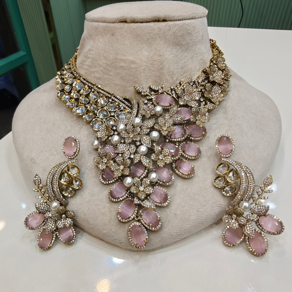 Trisha Premium Statement Necklace Set- Pink