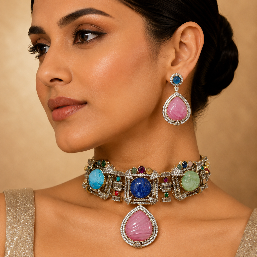 Nazm Quartz Doublet Choker Set- Pink Multi
