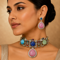 Nazm Quartz Doublet Choker Set- Pink Multi