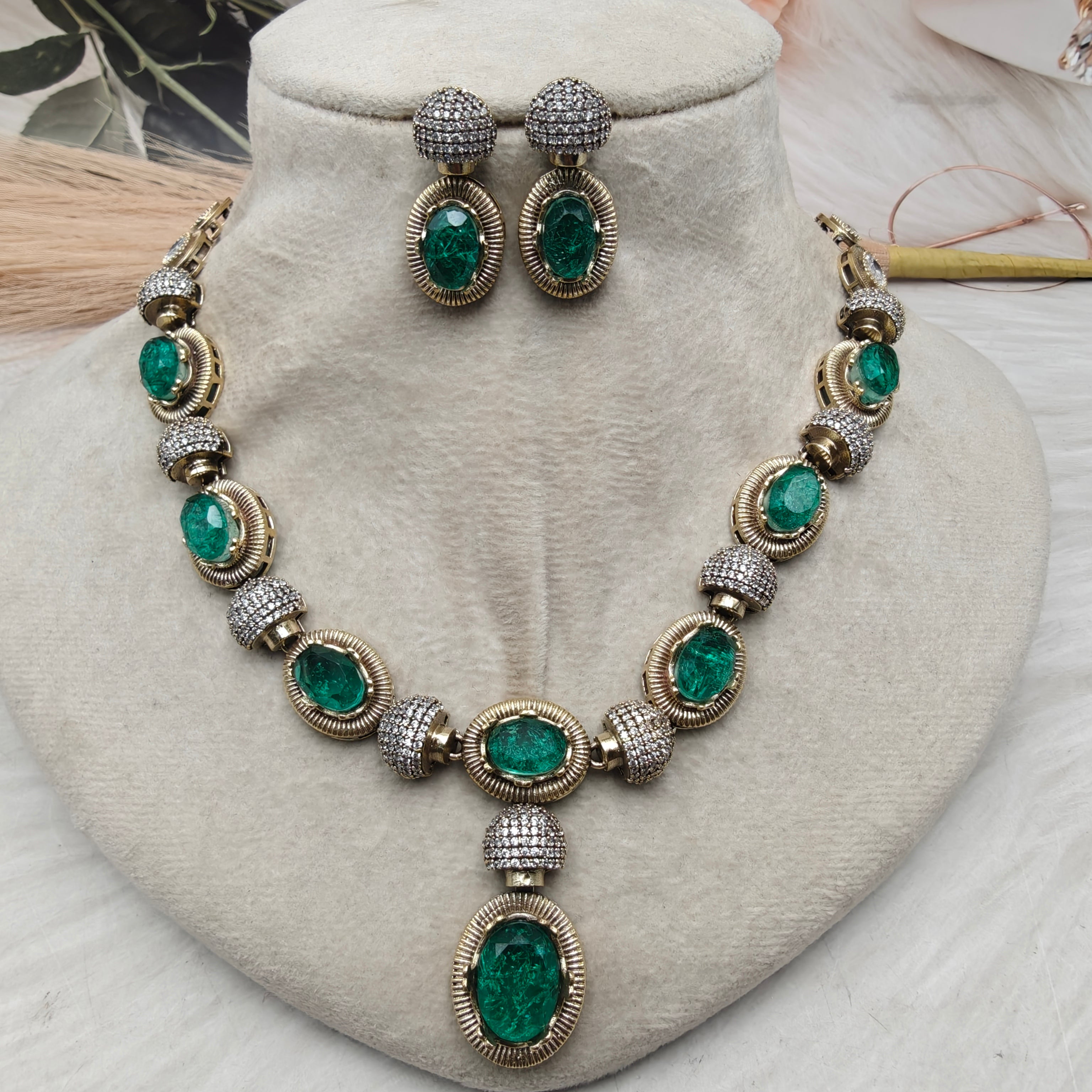 Shailaja Quartz Doublet Necklace Set- Green