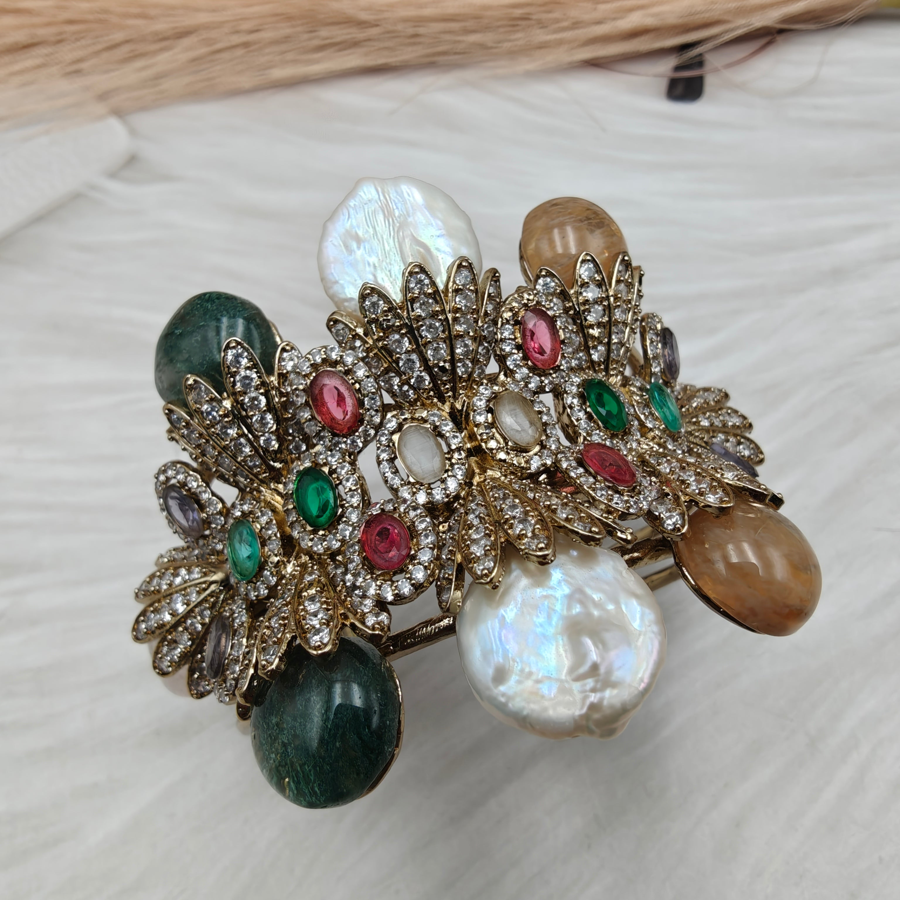 Elizabeth Gemstone and Baroque Luxe Statement Bracelet- Green and Gold