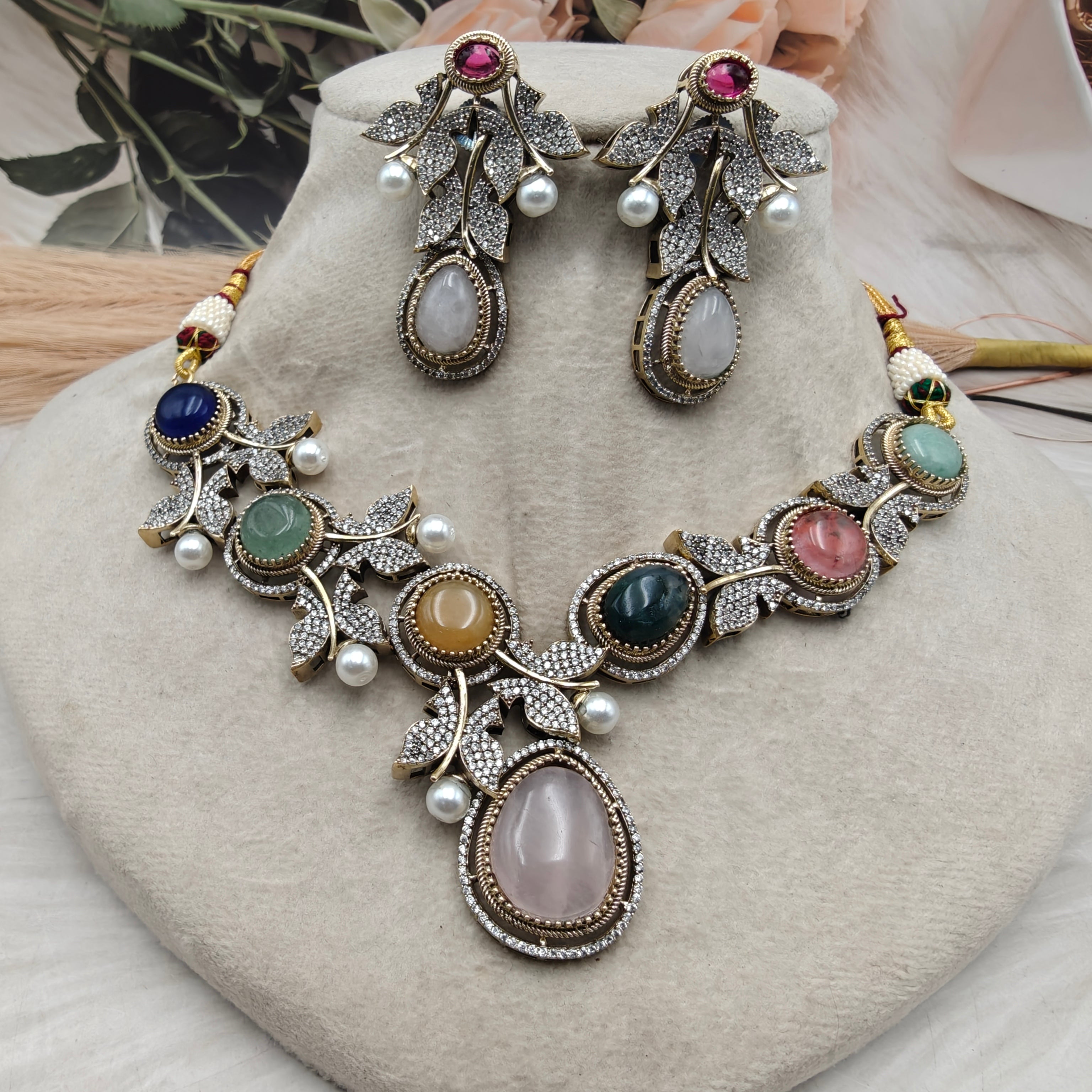 Vriksha Ratna Designer Gemstone Necklace Set- Multi