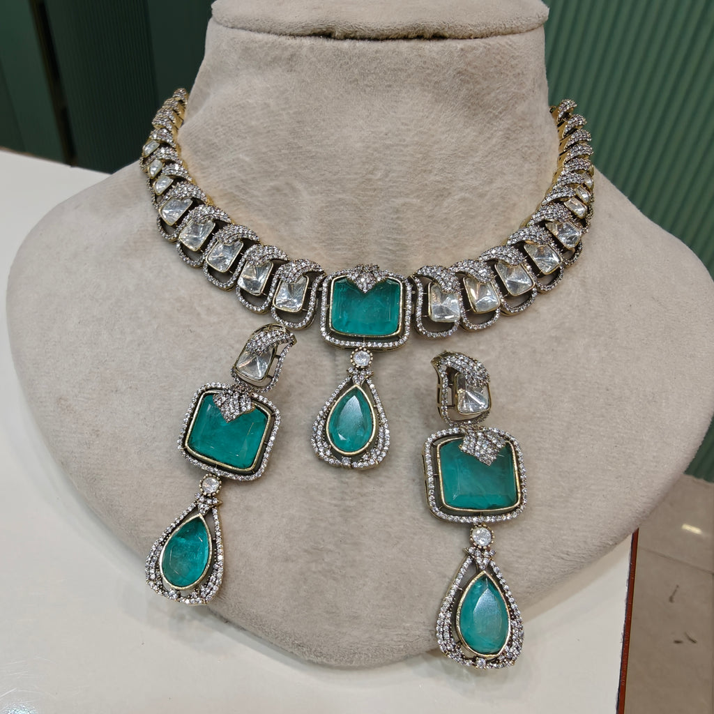 Madhumita Doublet Polki Necklace Set- Sea Green
