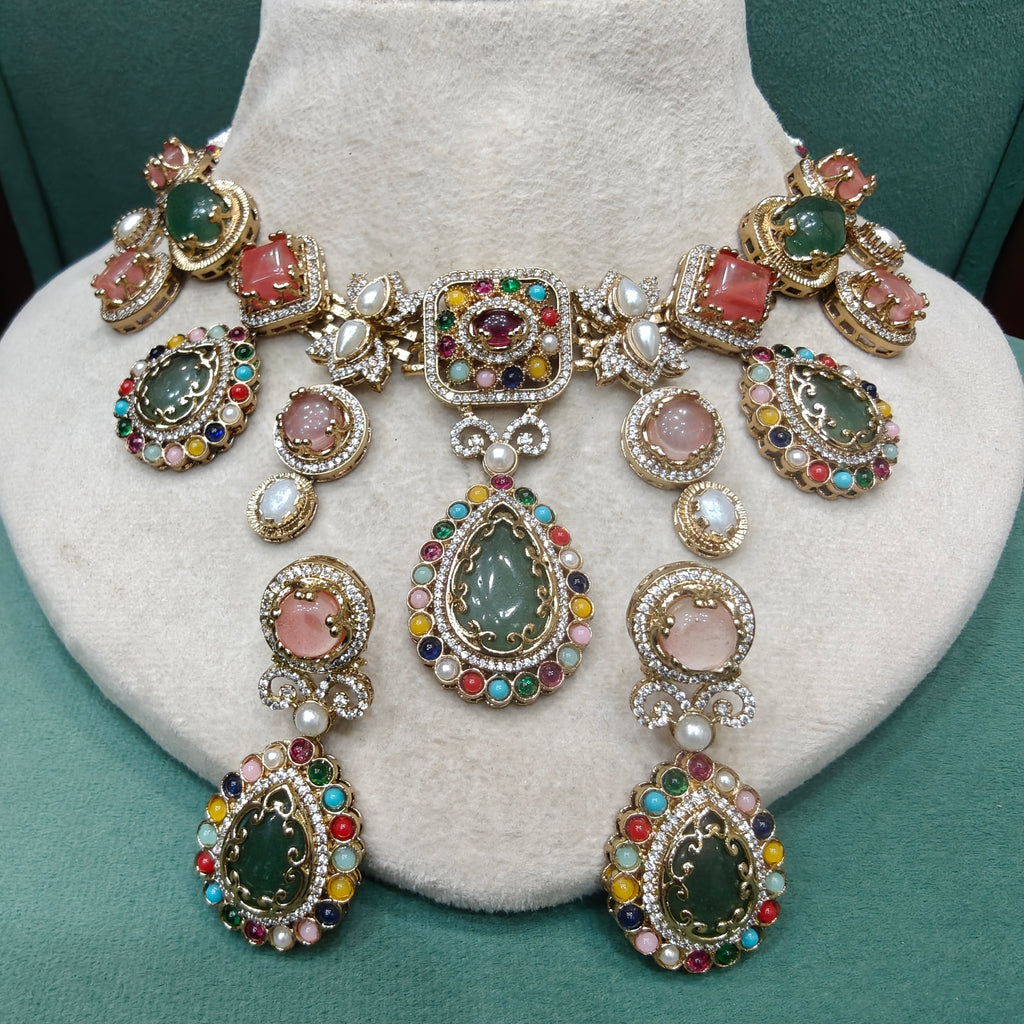 Lustra Gemstone Sabya Inspired Necklace Set- Multi