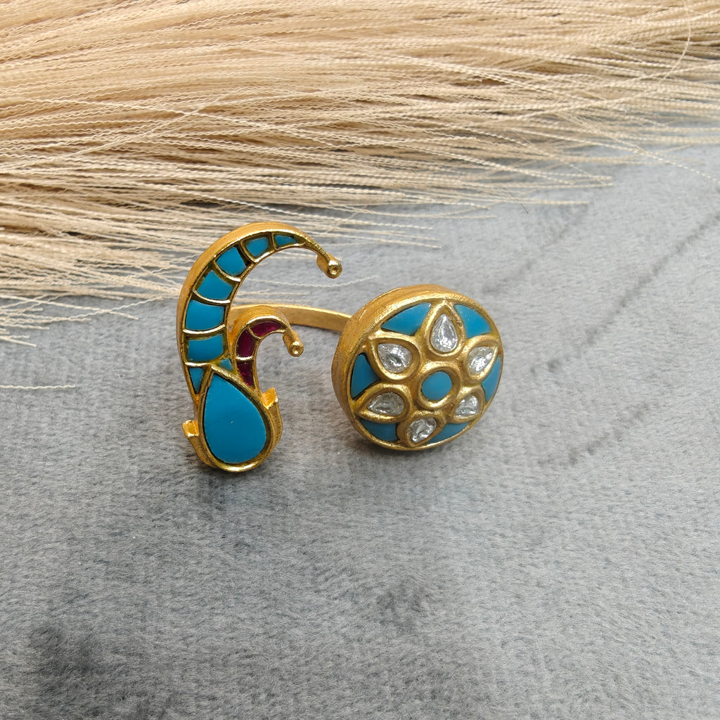 Rukamani Jadau Kundan Heritage Double Finger Ring- Turquoise