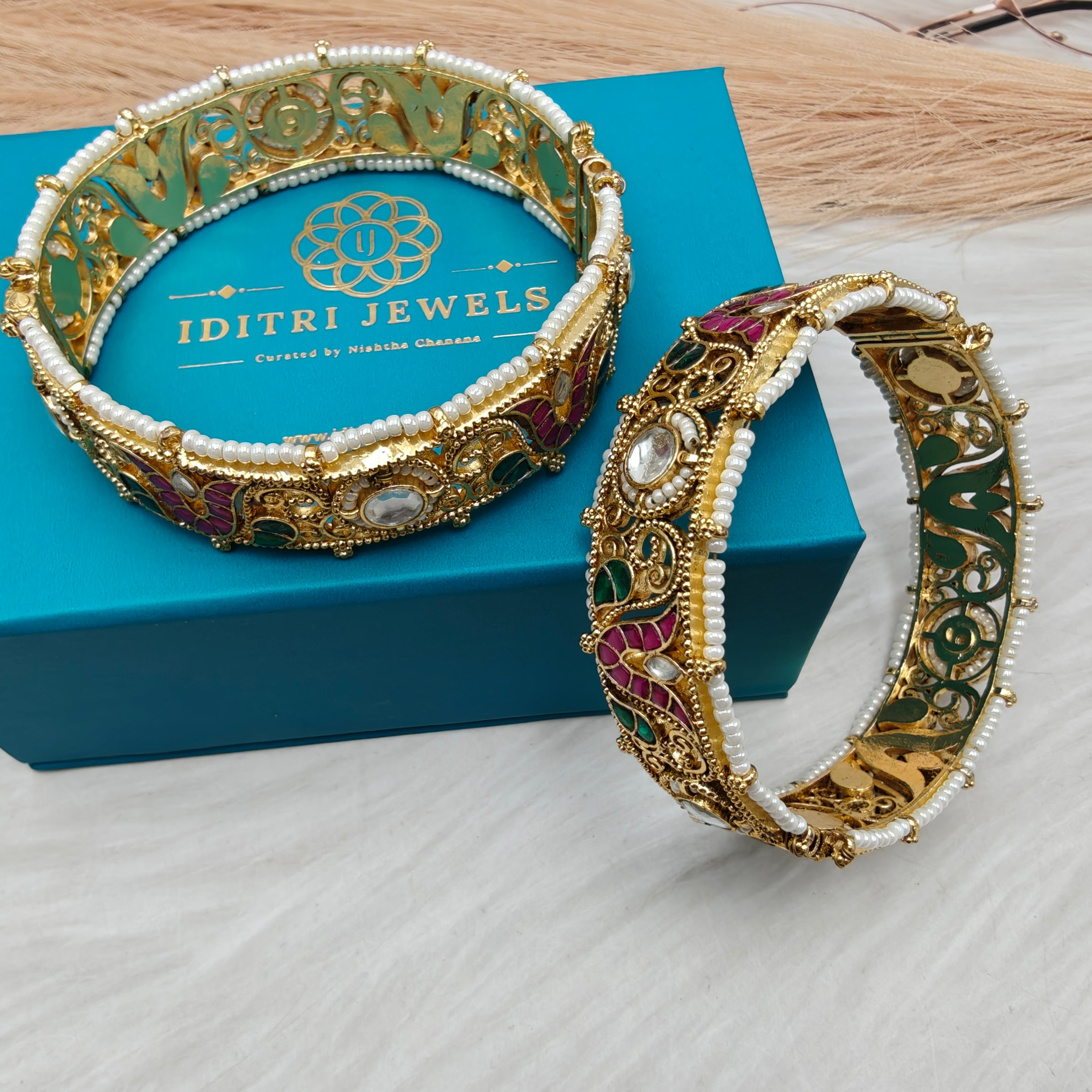 Divya Pachi Kundan Openable Bangles - Ruby Green