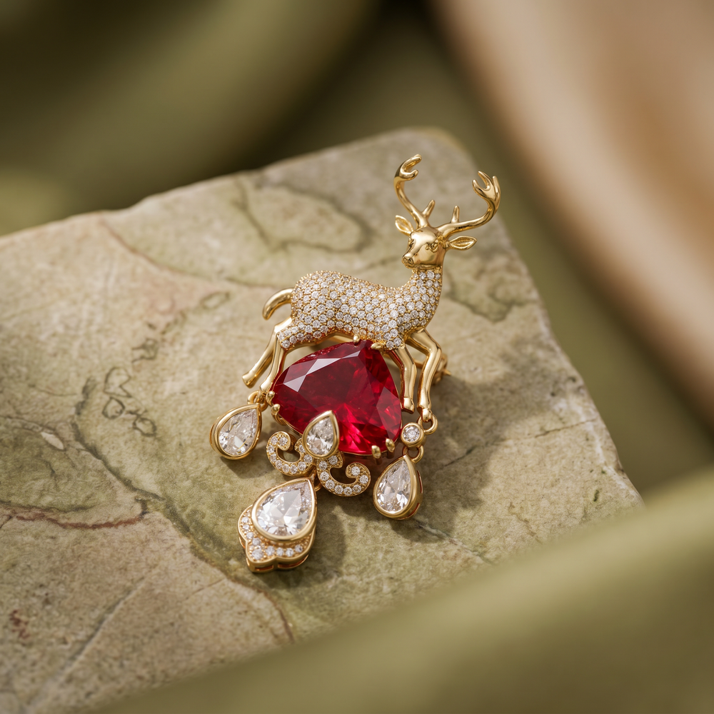 Deer Doublet Stone Unisex Brooch- Red