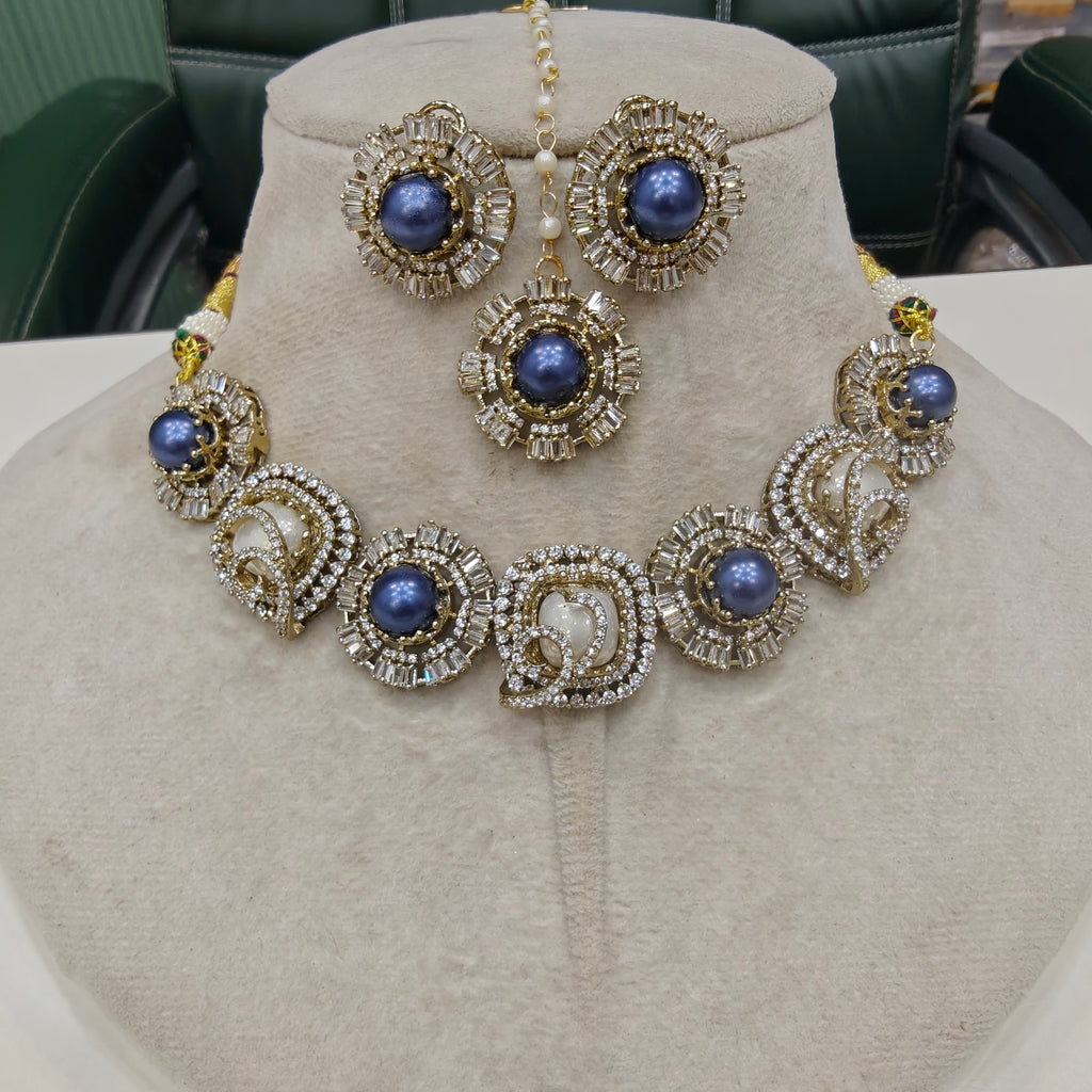 Sakshi Pearl Choker Necklace Set with Mangtikka- Blue and White