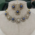 Sakshi Pearl Choker Necklace Set with Mangtikka- Blue and White