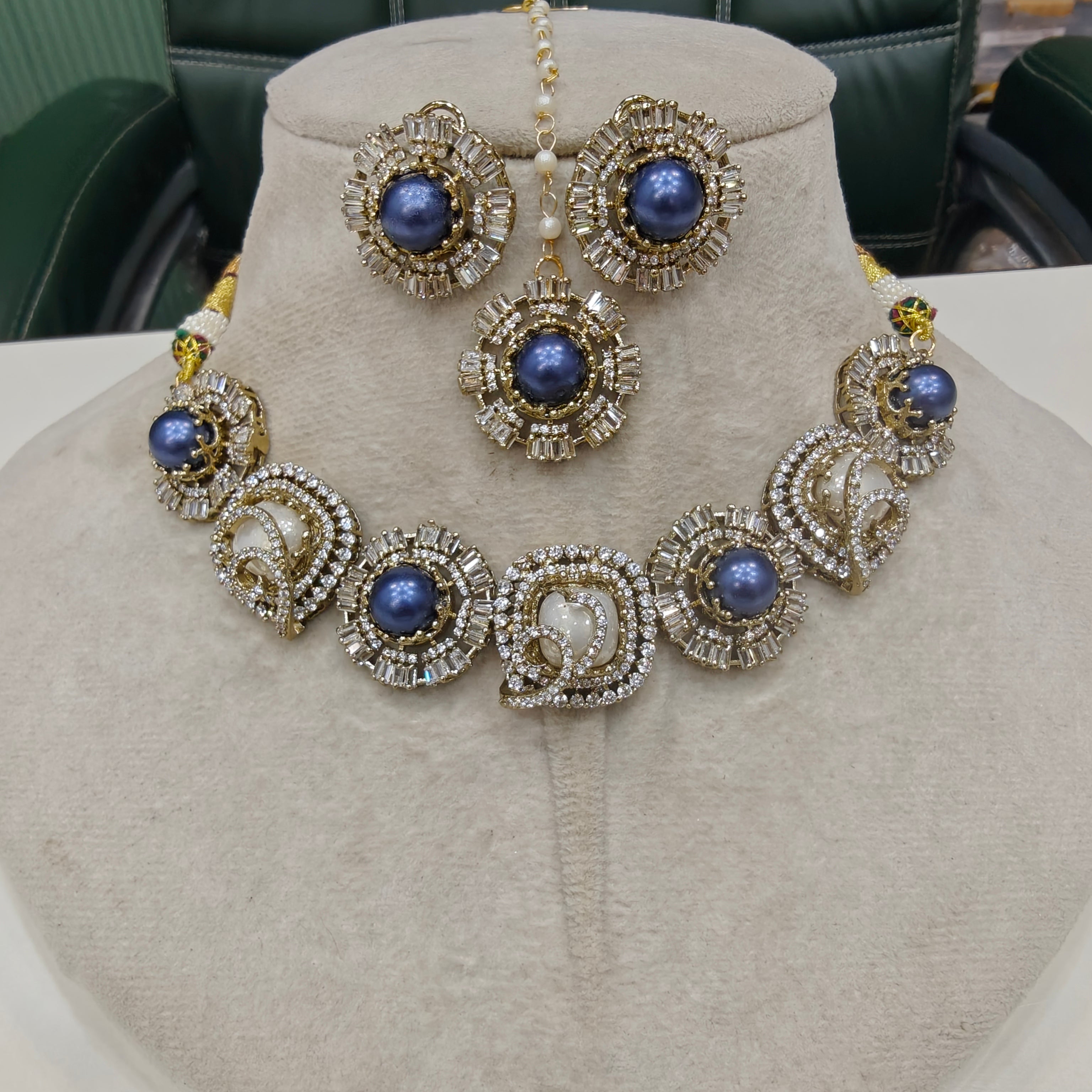 Sakshi Pearl Choker Necklace Set with Mangtikka- Blue and White