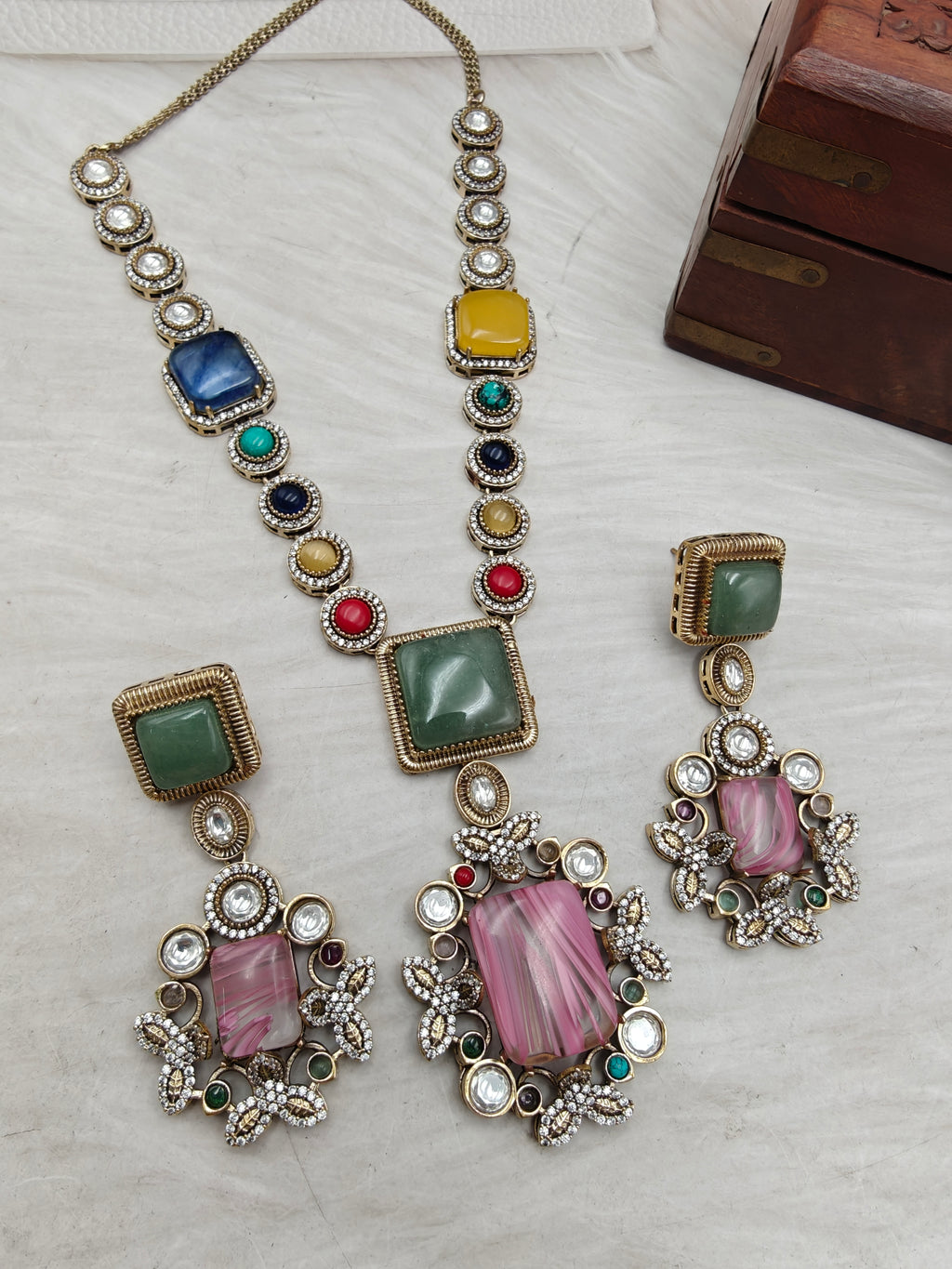 Mitali Sabya Inspired Gemstones Statement Necklace Set -Mint Multi