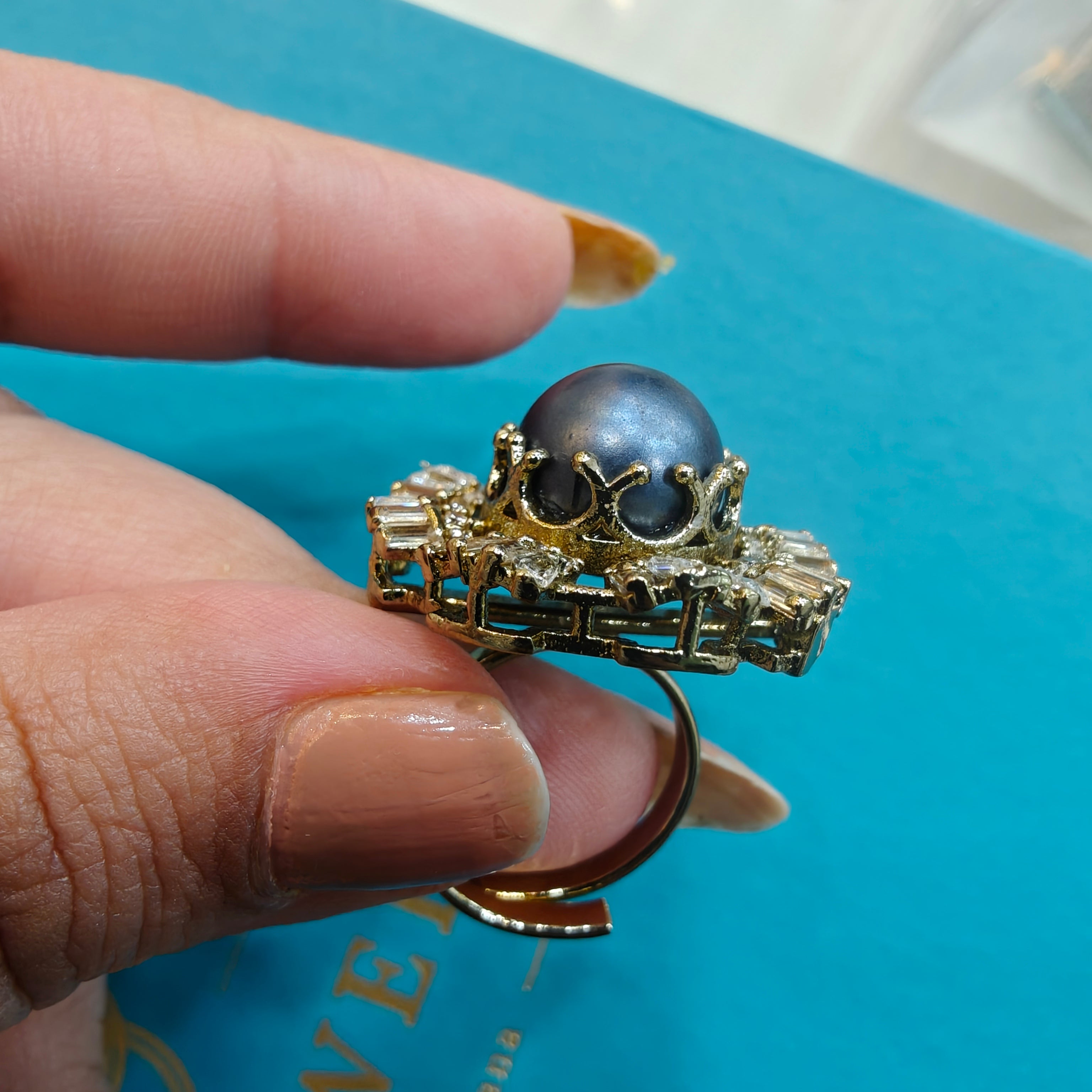 Sakshi Natural Stone Baguette Adjustable Ring- Metallic Blue