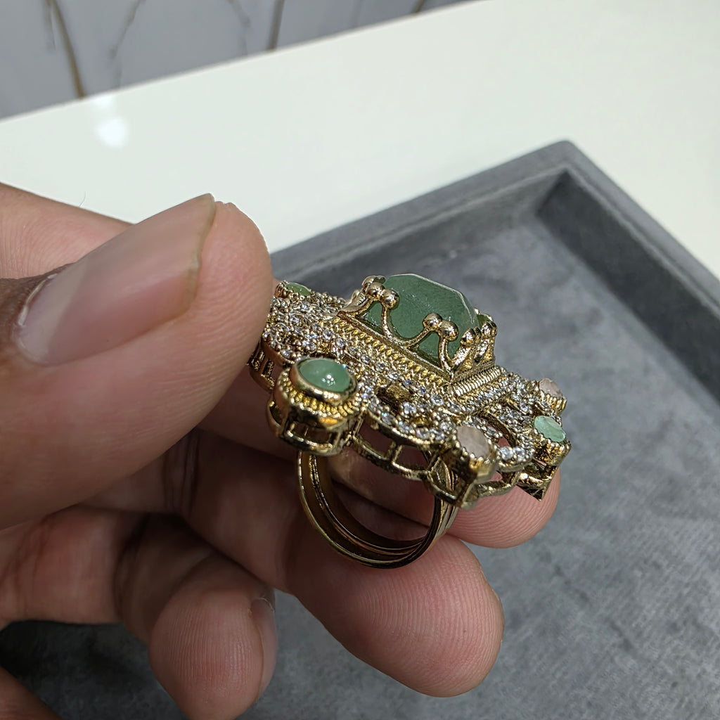 Akshika Sabya Inspired Natural Stone Adjustable Ring- Mint Pink