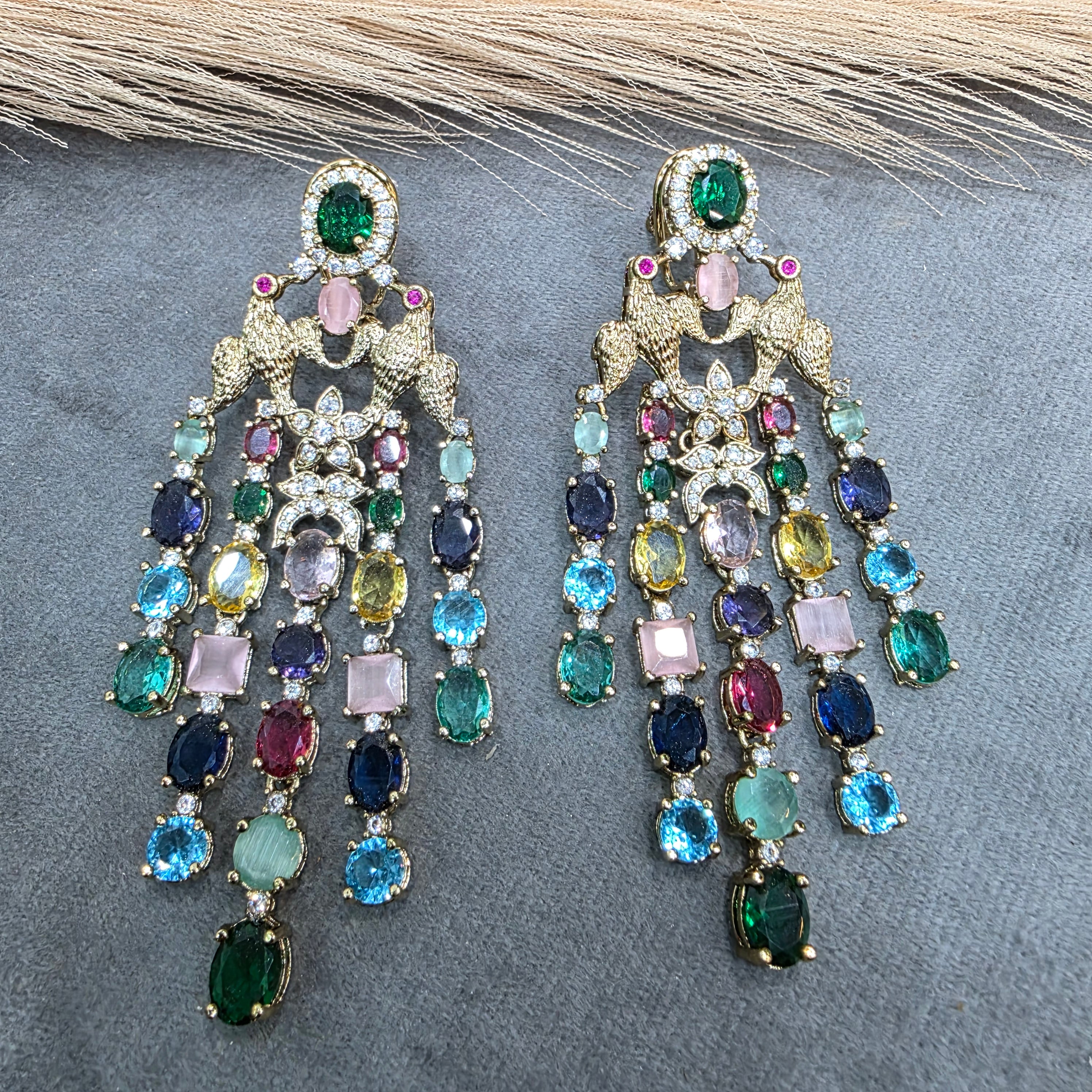 Vantara Koyal Statement Dangker Earrings- Green Multi
