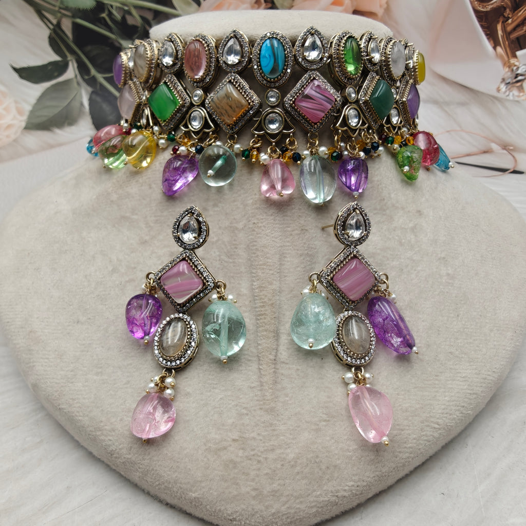 Delnaz Sabyasachi Inspired Quartz Doublet Choker Set- Pink Multi