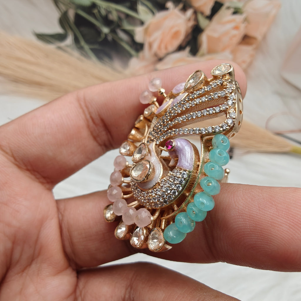 Mayuma Peacock Statement Italian Enamel Moissanite Ring -Mint n Pink