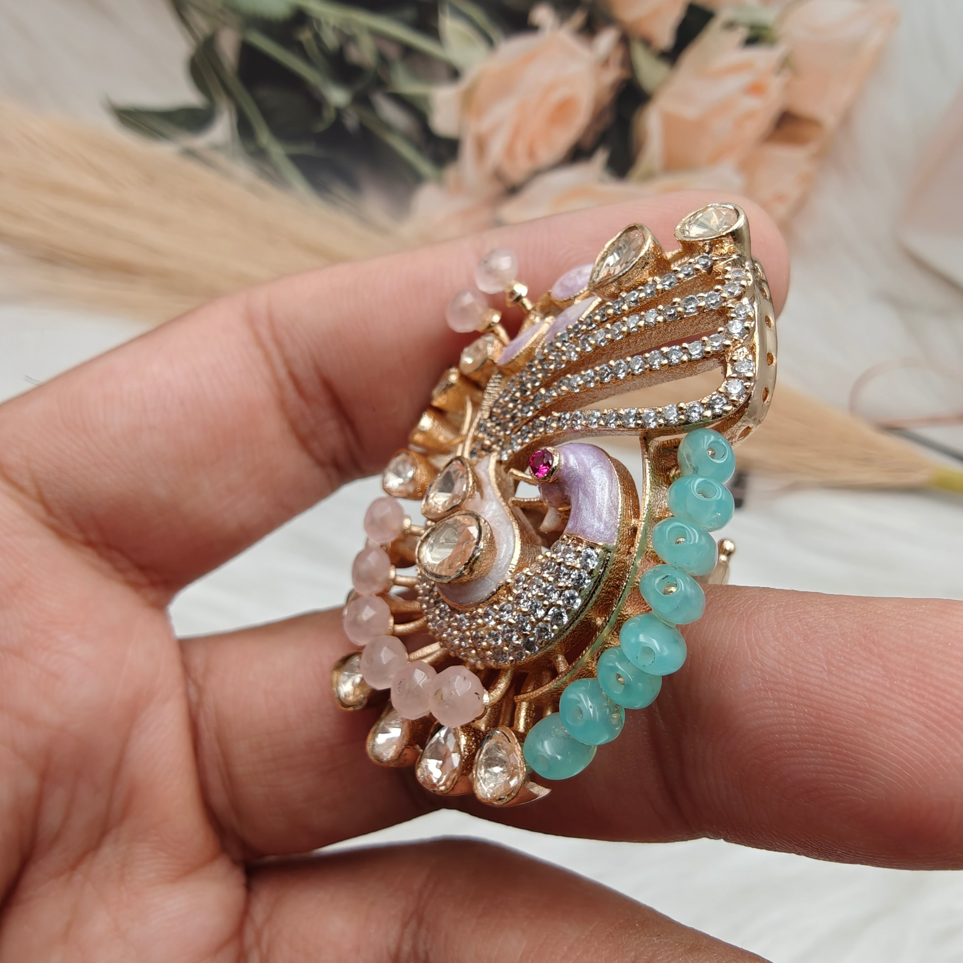 Mayuma Peacock Statement Italian Enamel Moissanite Ring -Mint n Pink