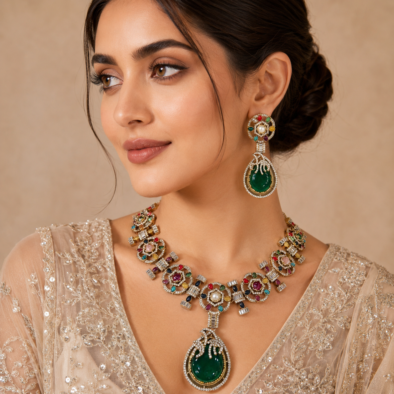 Manvika Sabya Inspired Navratan Necklace Set- Green