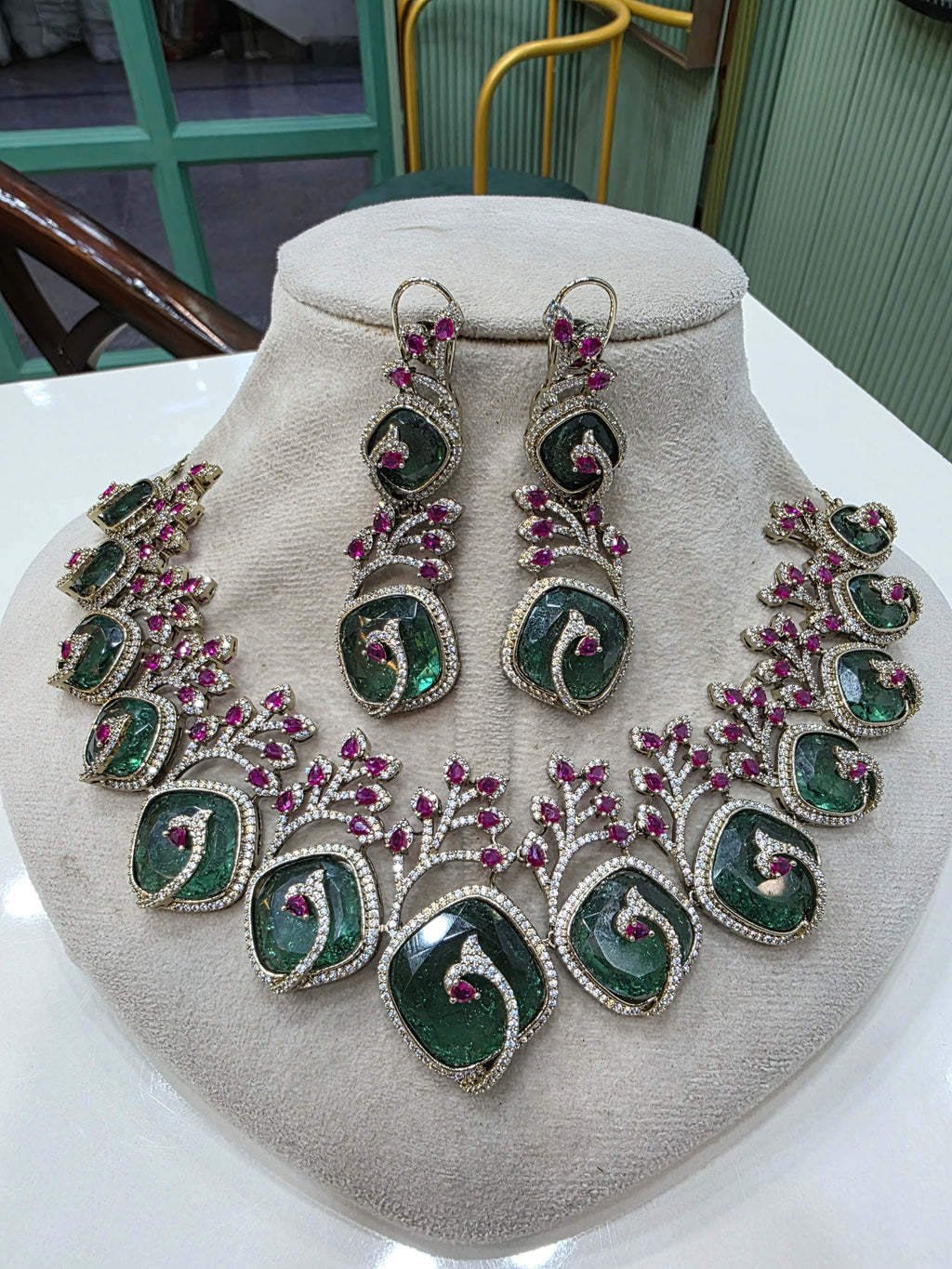 Shloka Designer Concept Statement Necklace Set- Rama Green Ruby