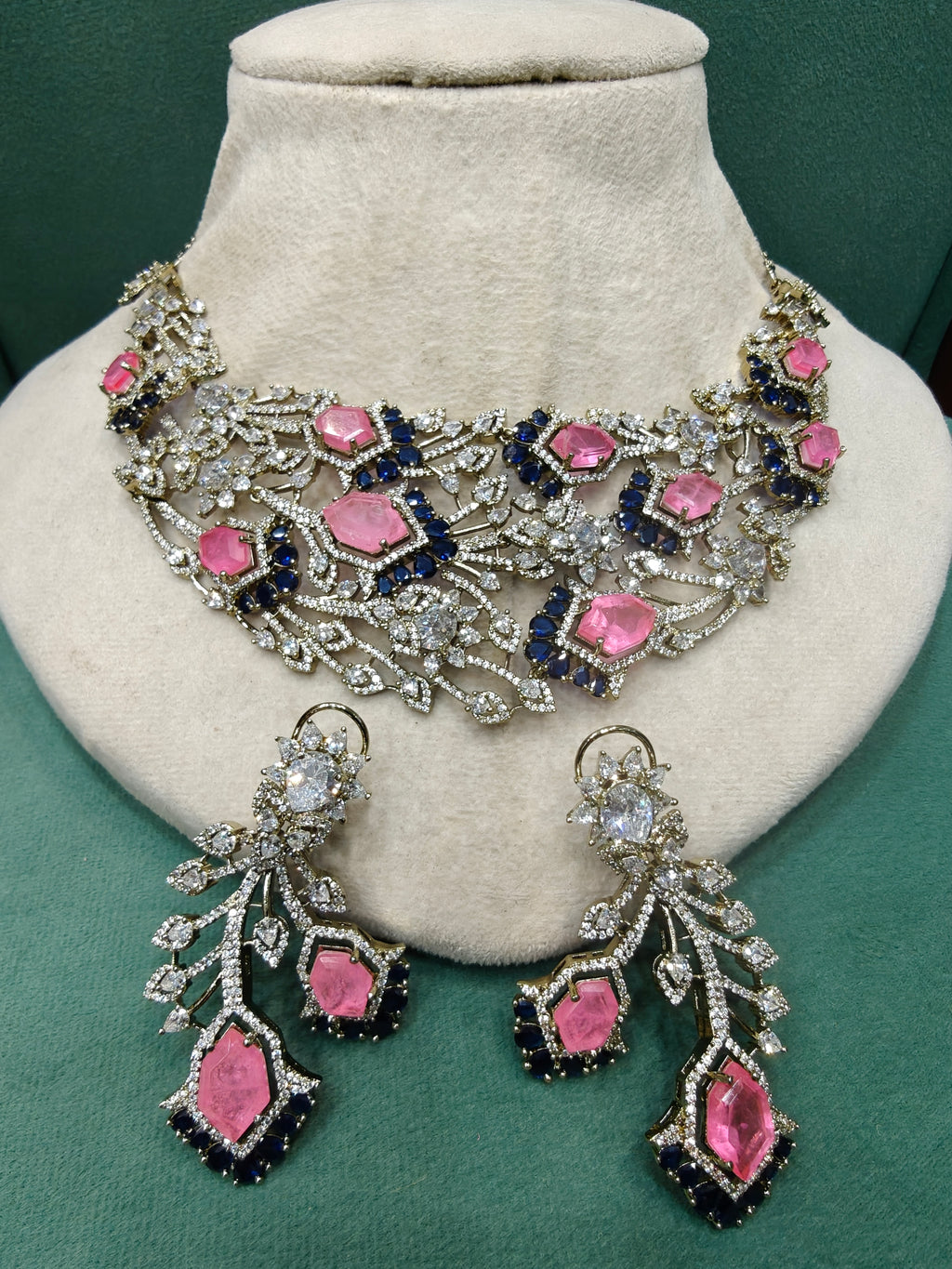 Rajkumari Bloom Statement Necklace Set- Pink and Blue