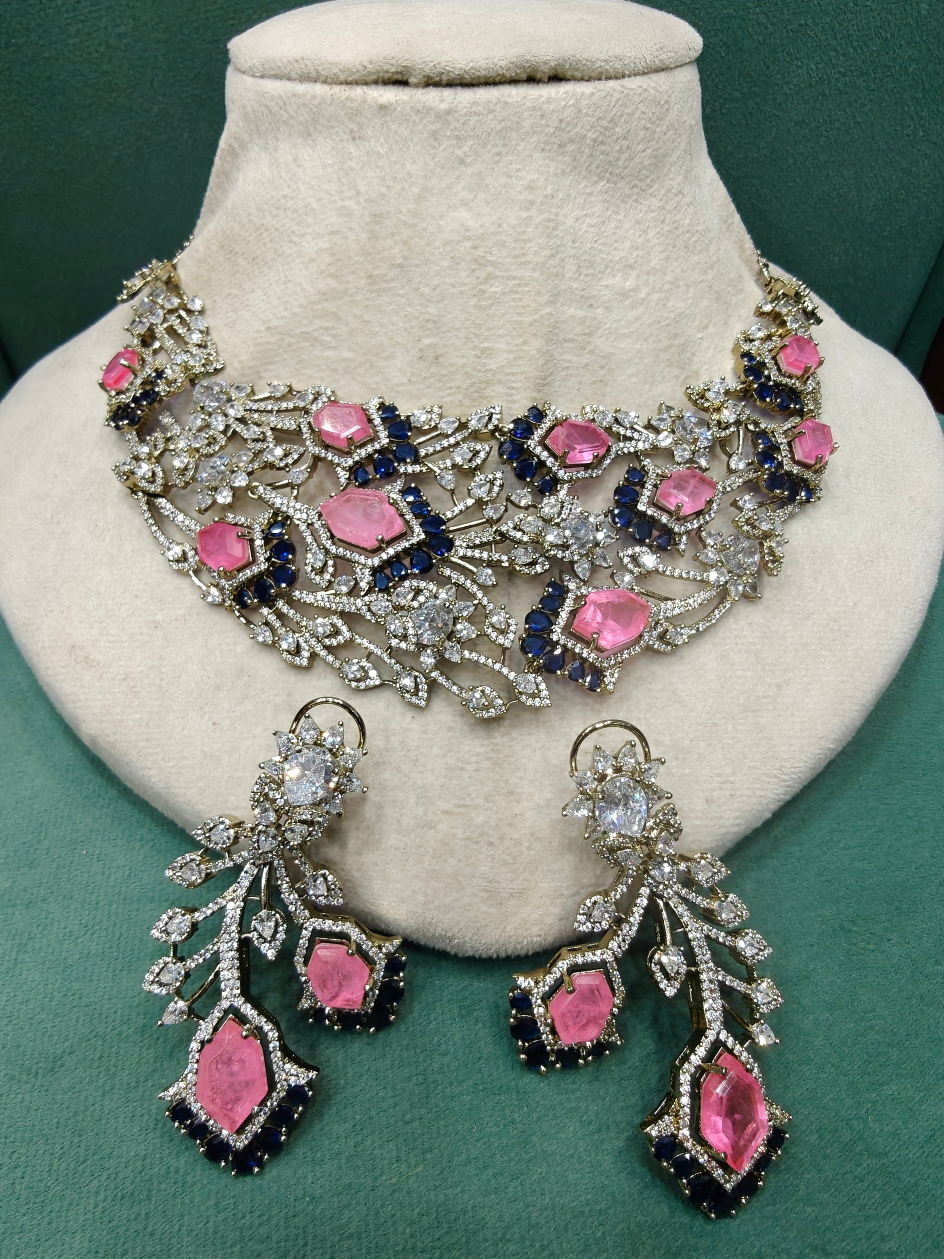 Rajkumari Bloom Statement Necklace Set- Pink and Blue
