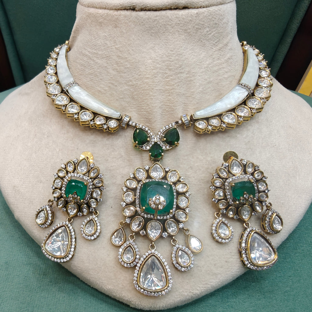 Elira Shell Stone and Doublet Hasli Style Necklace Set- Emerald Green