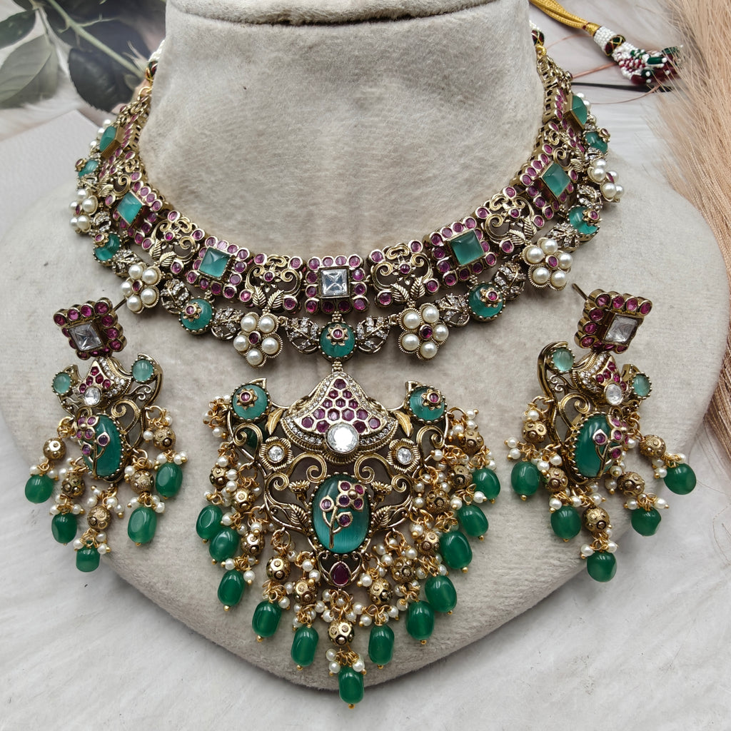 Vandana Heritage Necklace Set- Mint n Ruby