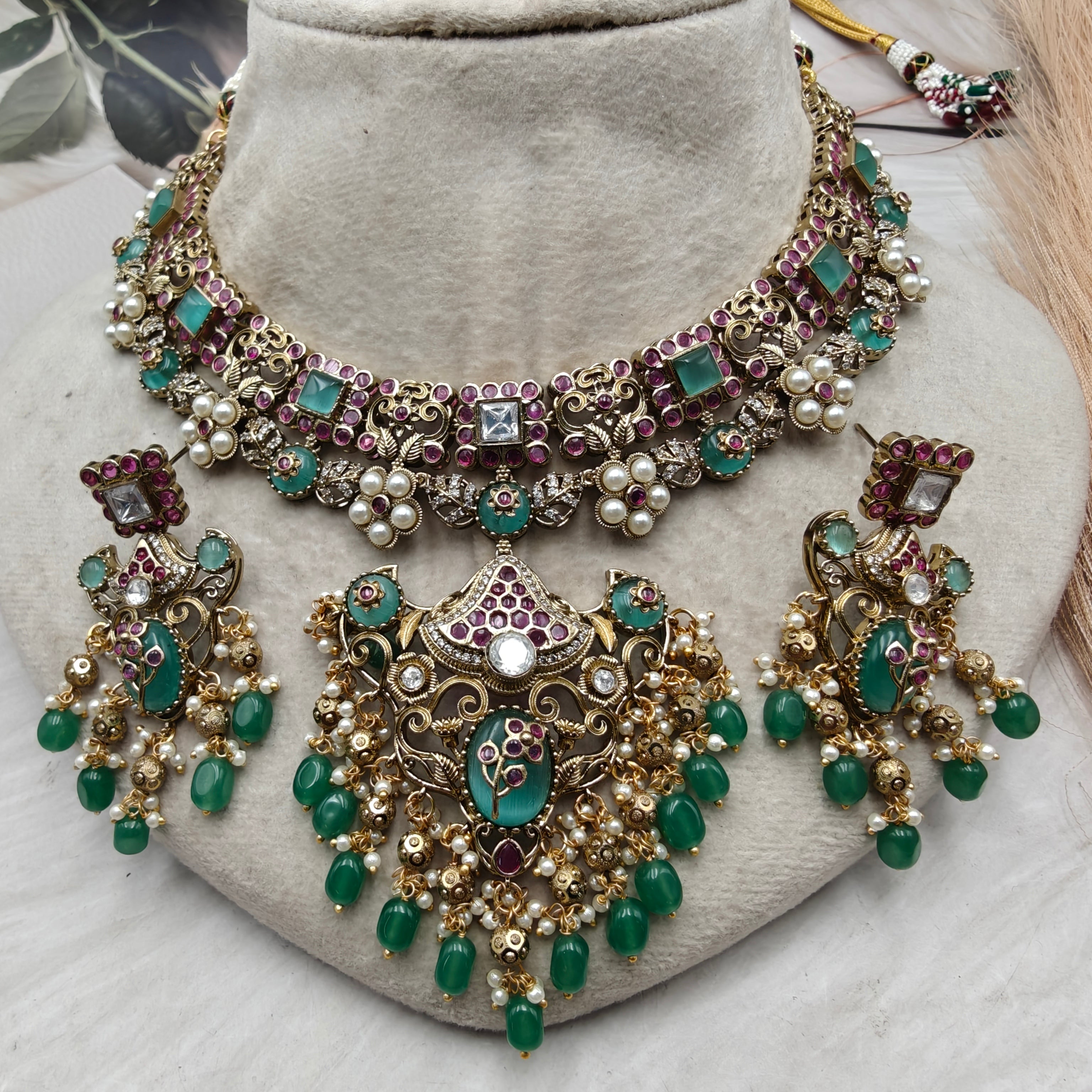 Vandana Heritage Necklace Set- Mint n Ruby