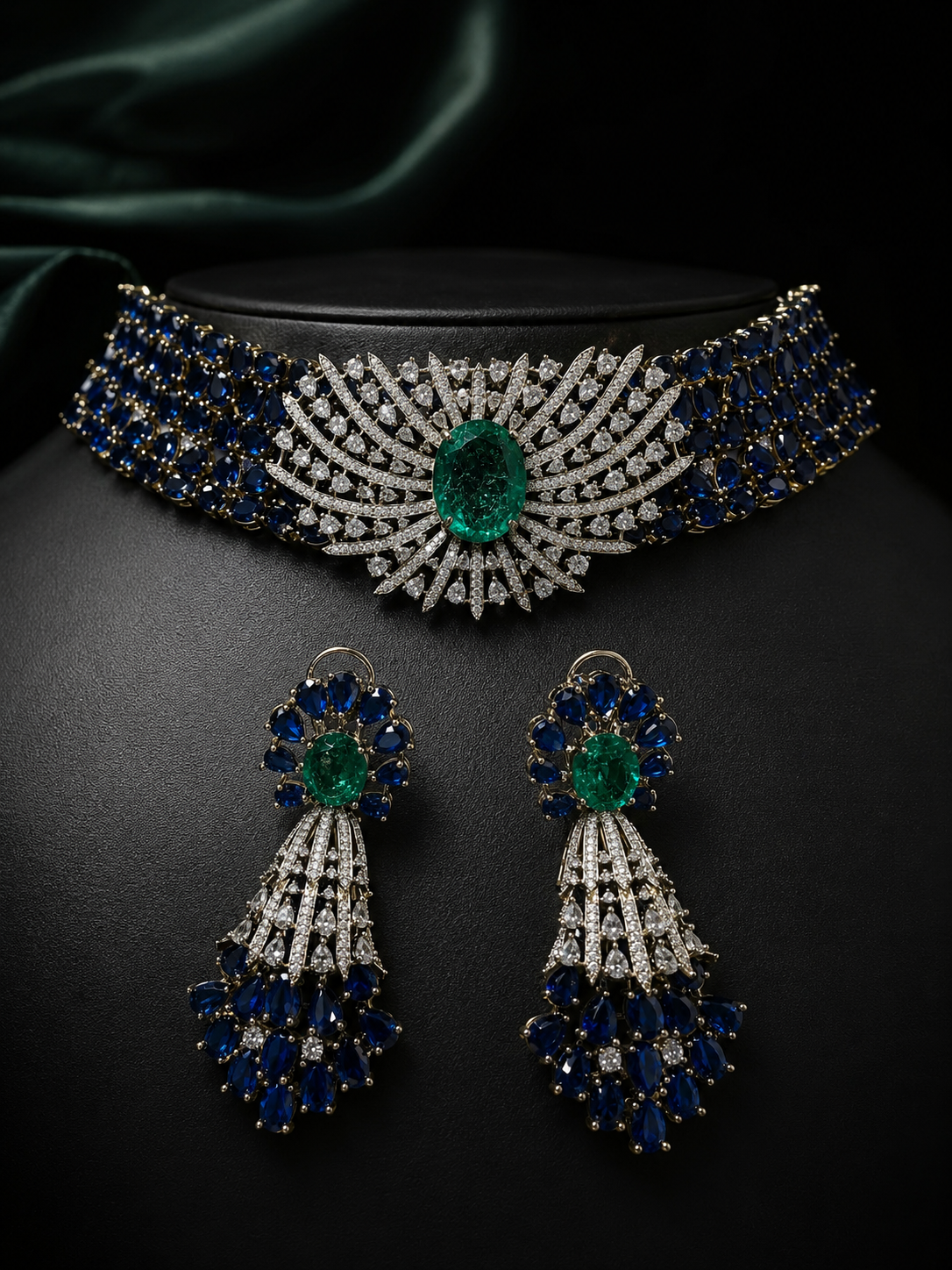 Masha Doublet AD Collar Choker Necklace Set - Blue Green