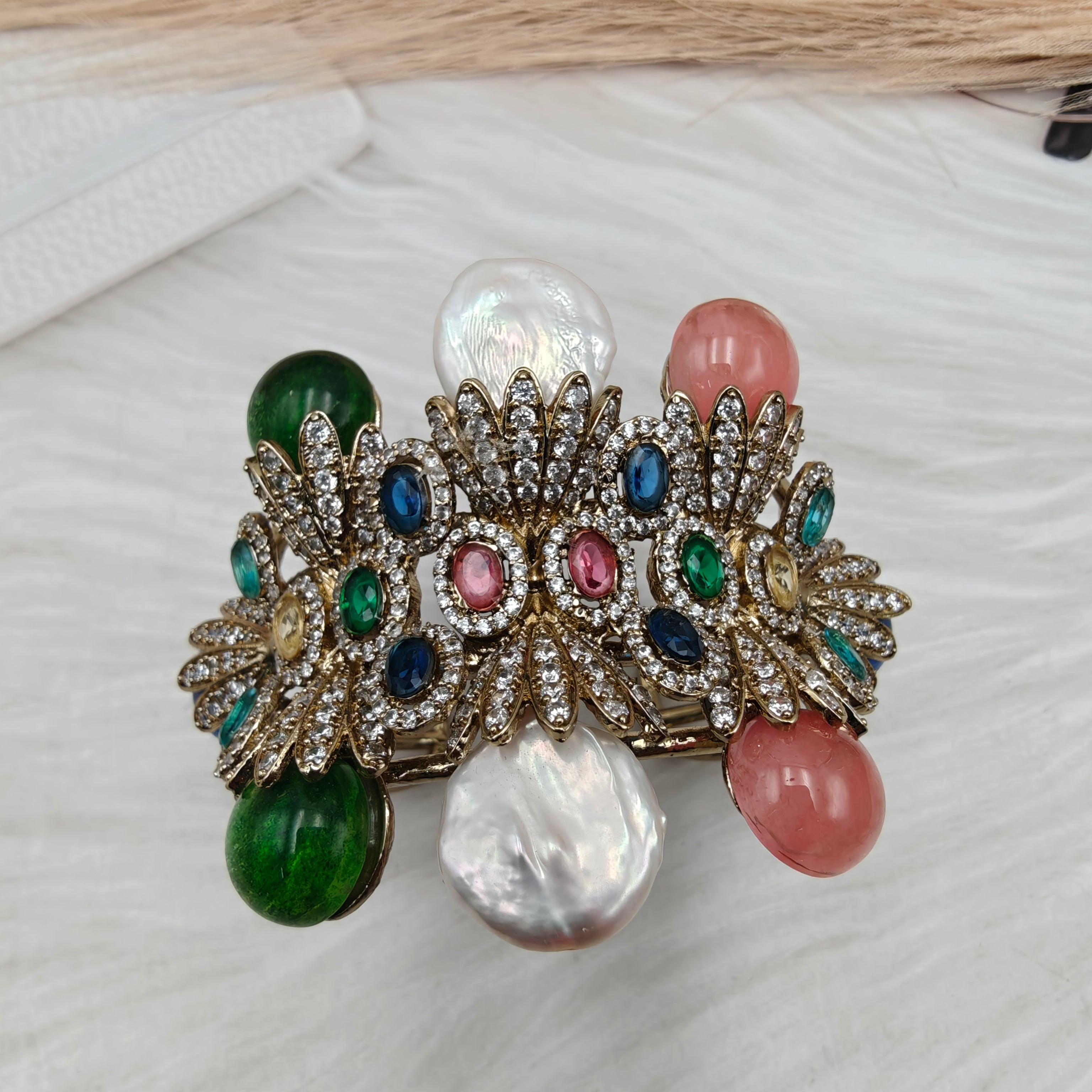 Elizabeth Gemstone and Baroque Luxe Statement Bracelet- Green and Coral Pink