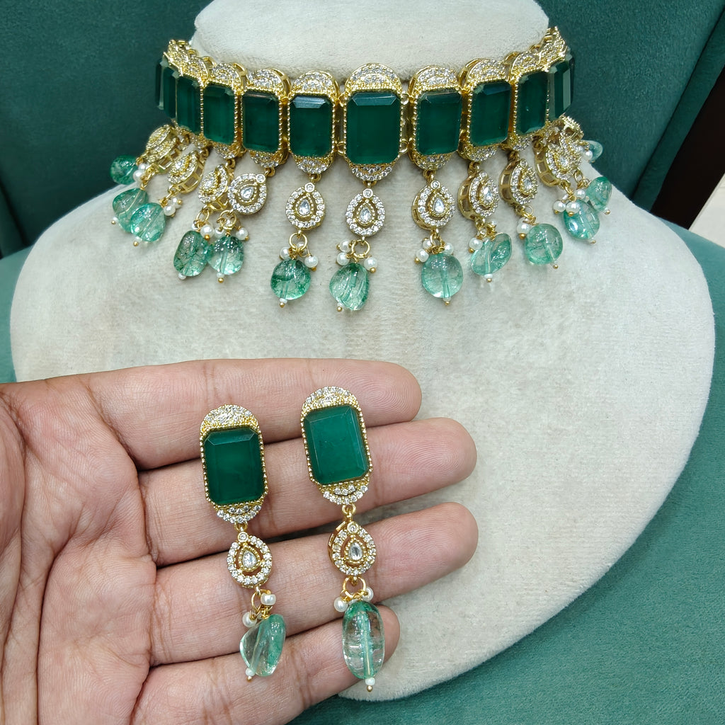 Sunidhi Doublet Gold Finish Choker Set- Emerald Green