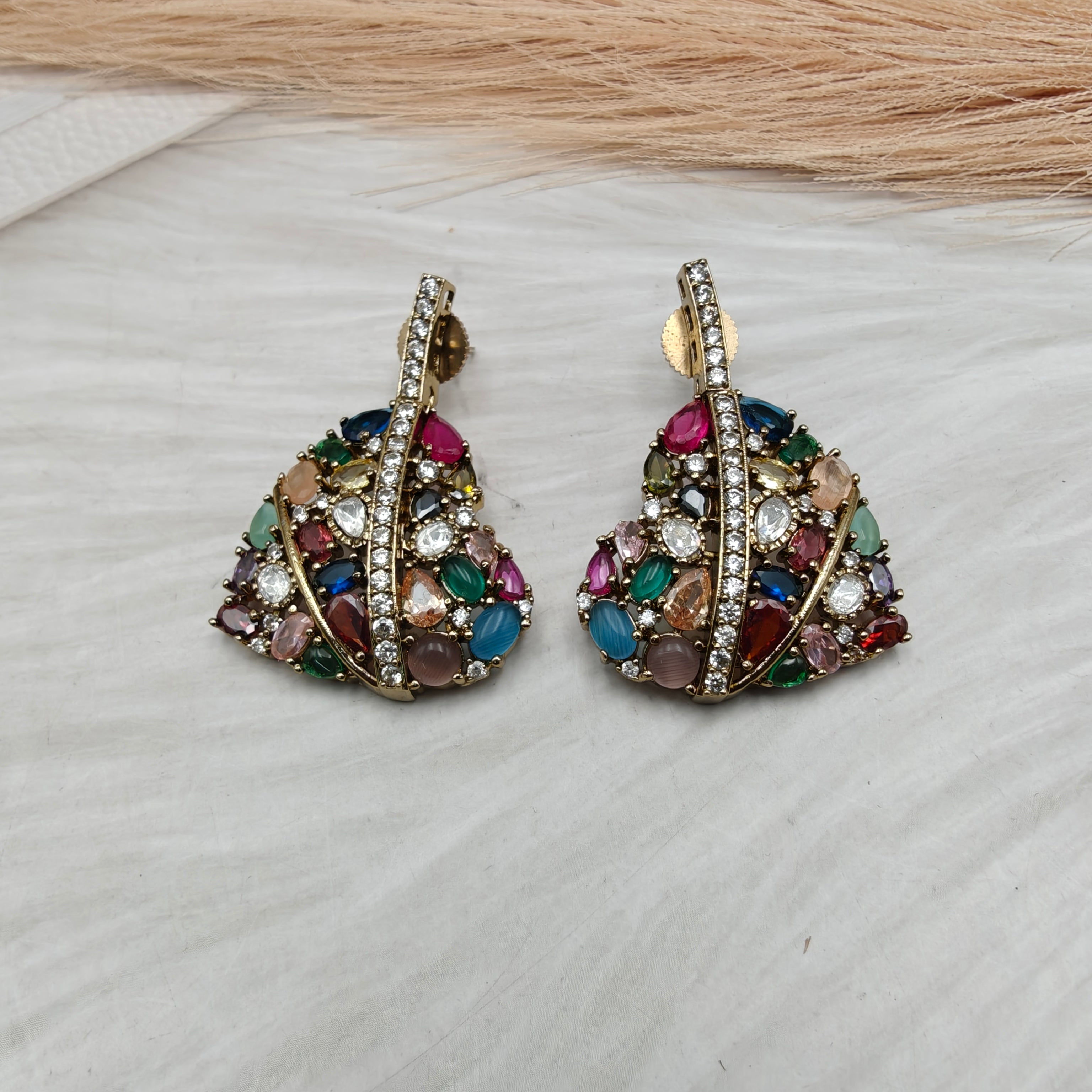 Heartleaf Pota Stone and Polki Statement Earrings - Multi